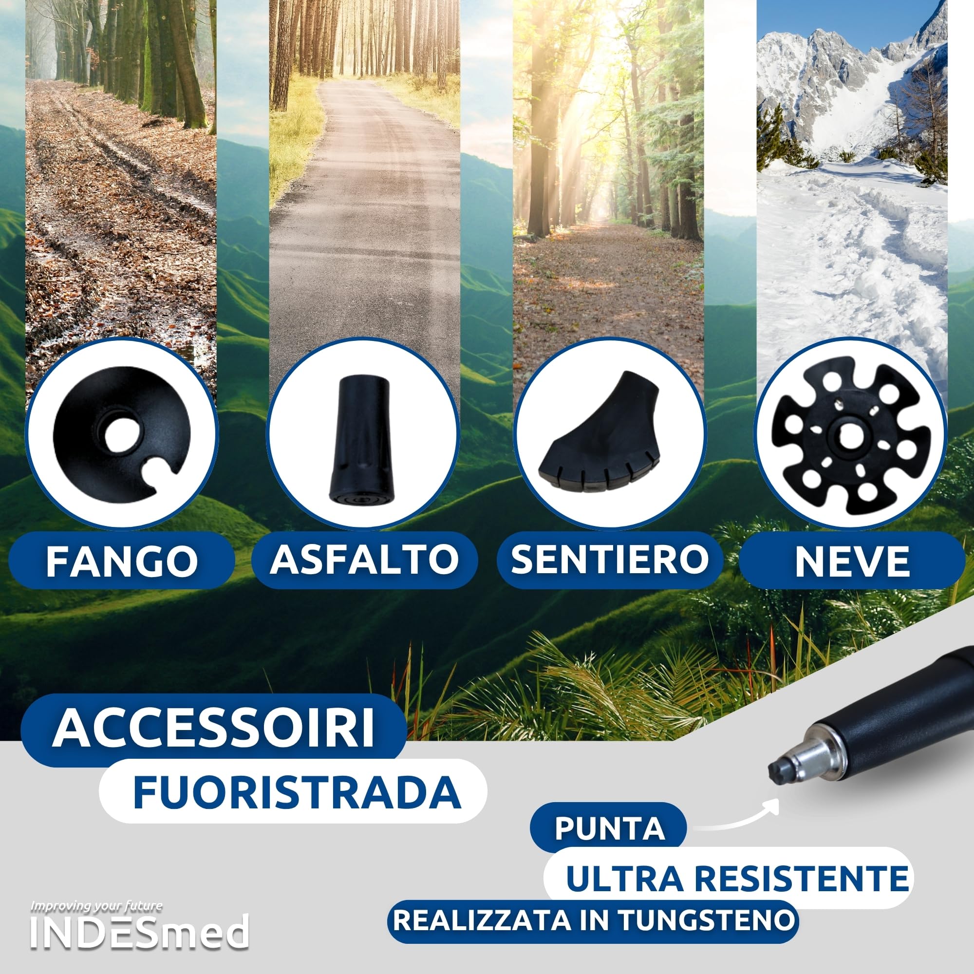INDESmed | Bastoni da trekking in fibra di carbonio 100% - Bastoncini telescopico, leggerissimi e regolabili con chiusura metallica rapida - Bastoni Nordic Walking, Trail Running, Sci