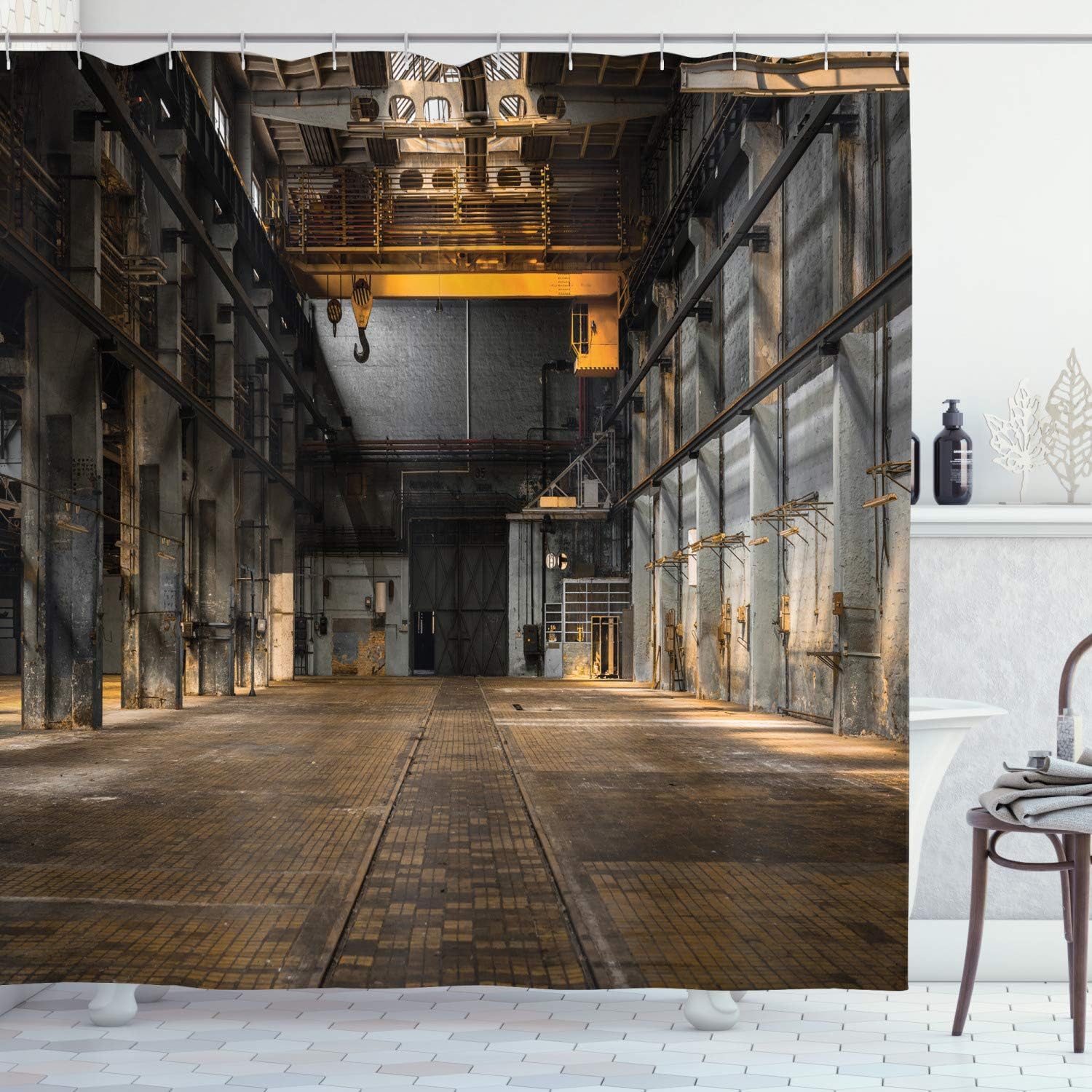 Ambesonne Industrial Shower Curtain, Industrial Interior of Old Factory Building Construction Spooky Warehouse, Cloth Fabric Bathroom Decor Set with Hooks, 69" W x 75" L, Yellow Grey