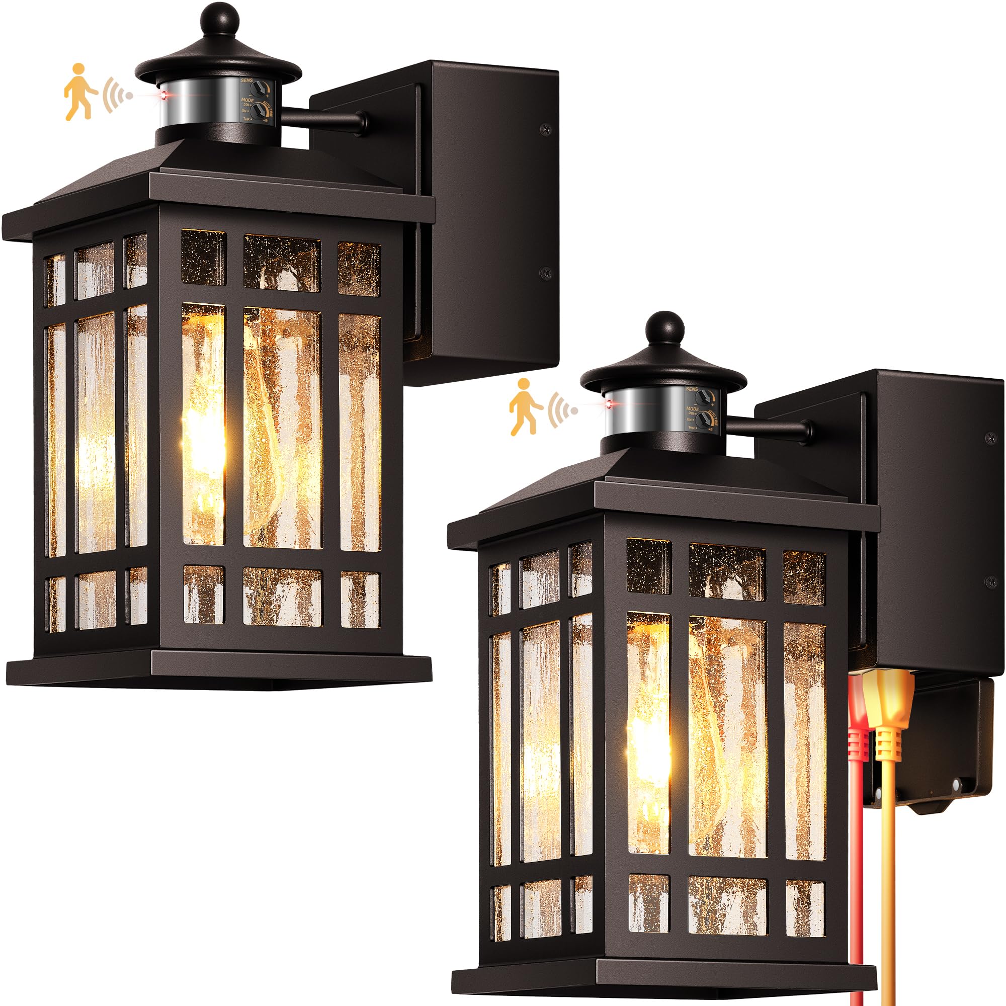 Motion Sensor Outdoor Lights with GFCI Outlet, 2-Pack ORB Dusk to Dawn Outdoor Lights, 5 Lighting Modes Exterior Light Fixture for House Front Door Patio Garage, Brightness Distance Adjustable
