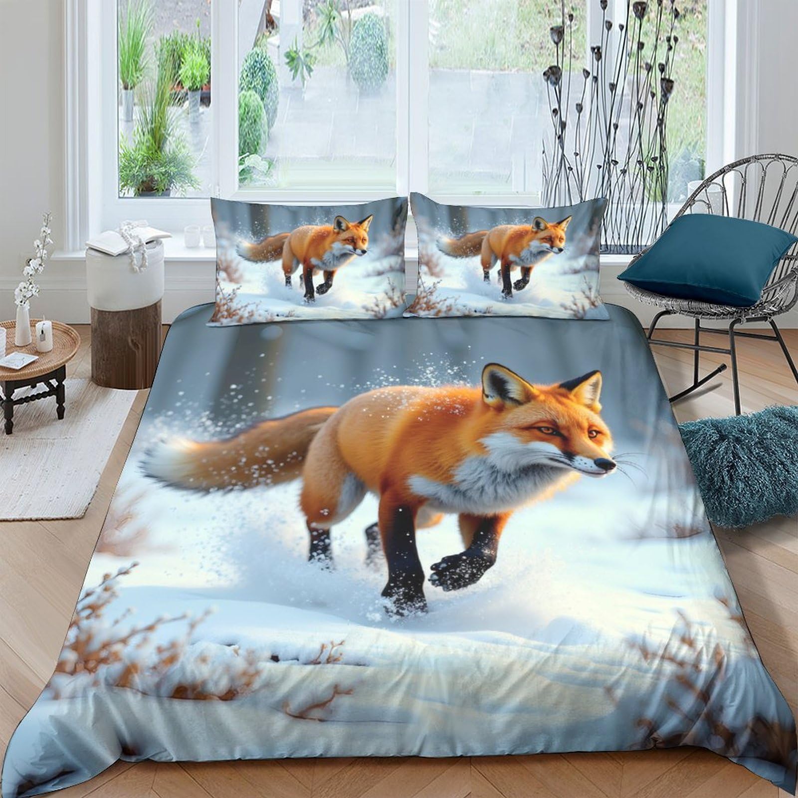 Ctjqhvkz Style-7 3D Printed Red Fox Snow Forest Fitted Sheet Microfiber Soft Mattress Cover Bedroom Decor Anti-Slip Washable Single（135X200cm）