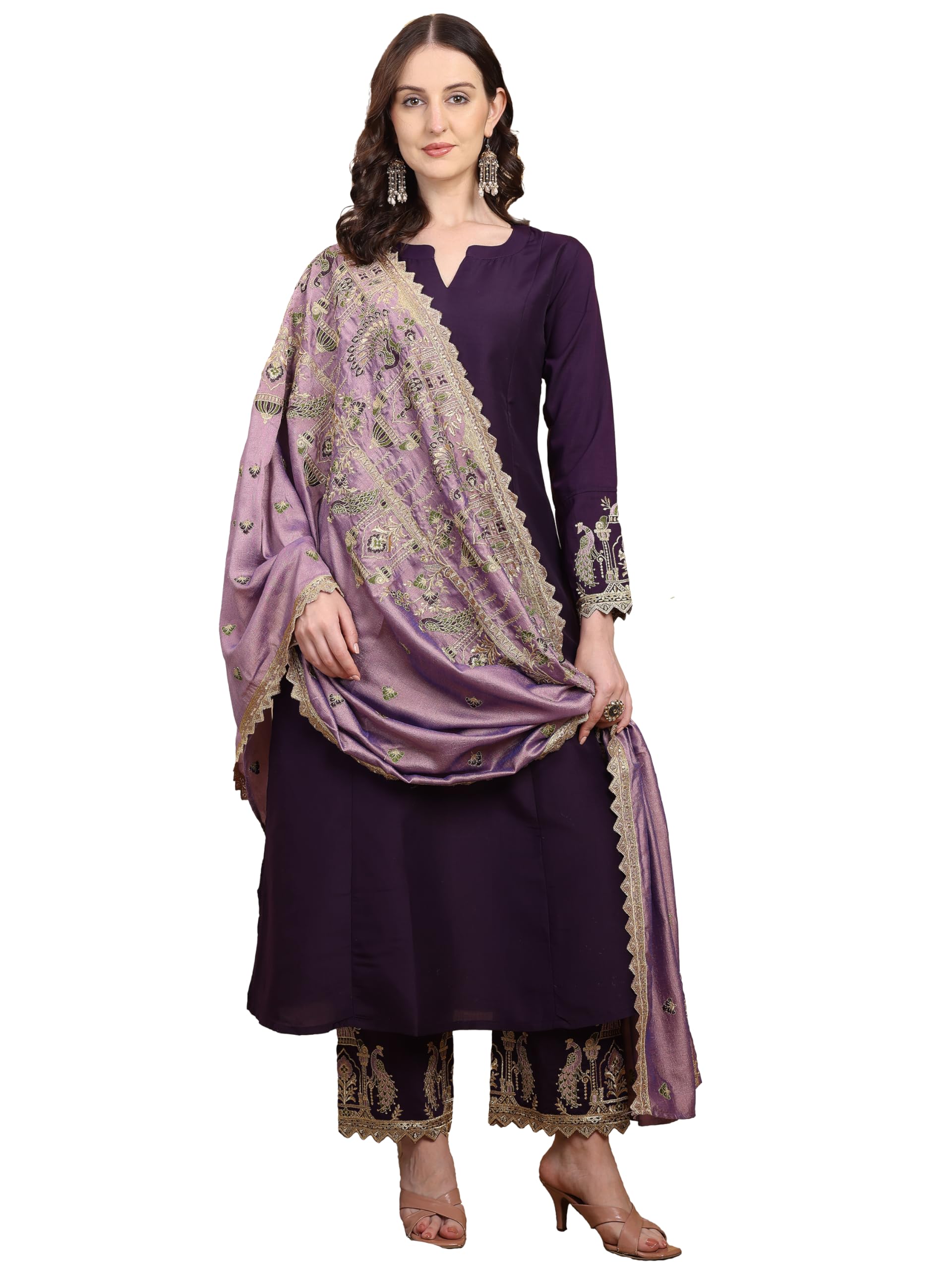 pratham blue Women's Silk Embroidered Straight A-Line Kurta Set with Palazzos and Dupatta (Kurta Set for Women)-picture-22