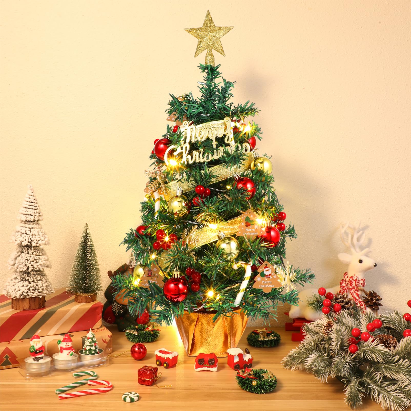 Cabilock Kleiner Weihnachtsbaum 60cm mit LED Lichtern und Kugeln für Tischdekoration