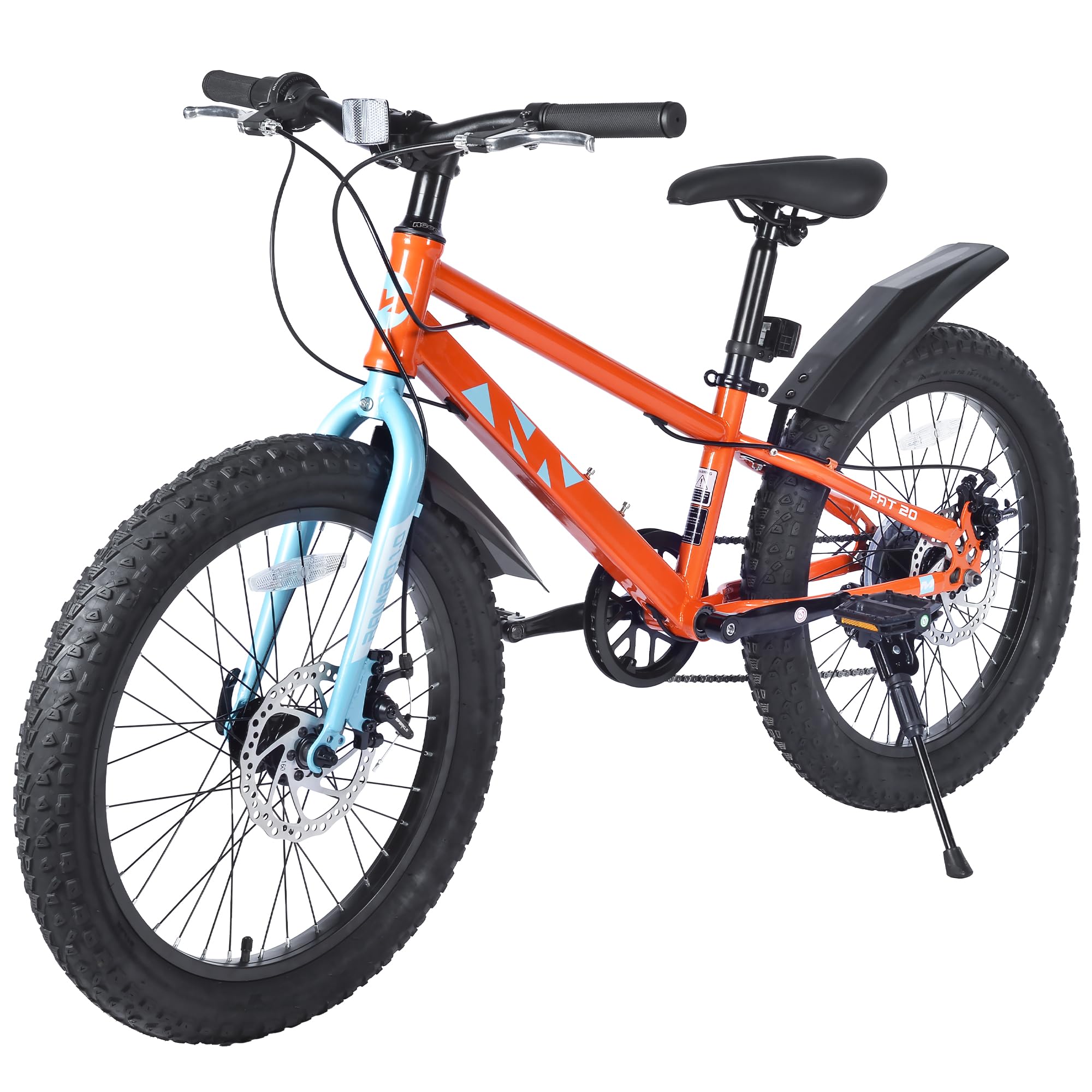 MAKELEN 20x3.0 Fat Tire Kids Mountain Bike Snow Bike Beach Bike for 7-10 Years Old Steel Frame Disc Brake Bike 7 Speeds, Orange&Blue