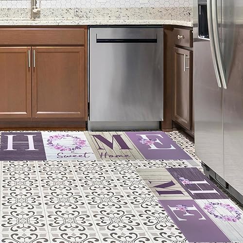 Miniatura 3 de Juego de 2 tapetes de cocina florales, tapetes de cocina modernos de grano de madera para el suelo, alfombras de pasillo color morado lavanda,