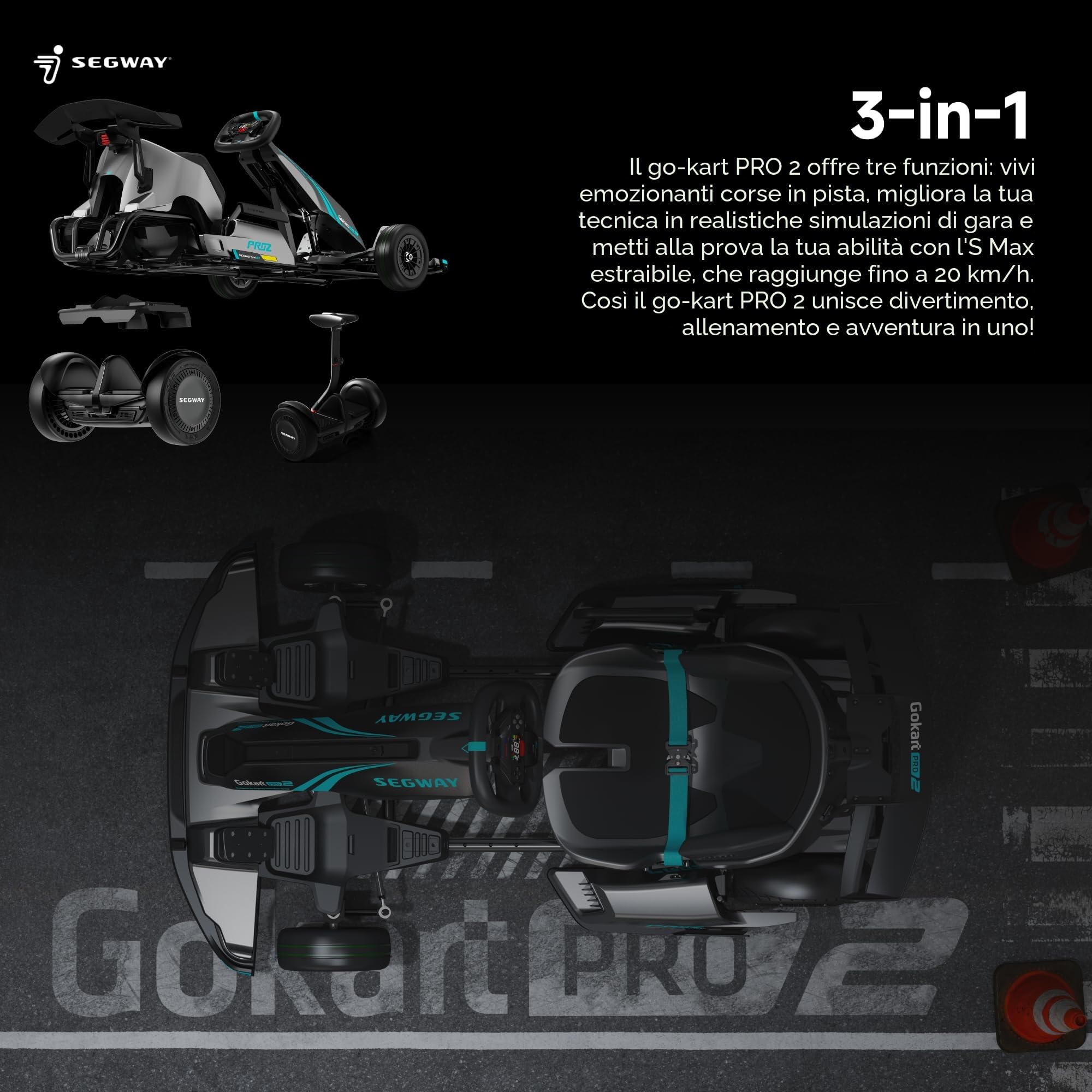 Segway Gokart PRO 2 – Veicolo Elettrico 3 in 1, 4800 W, Velocità fino a 43 km/h, Design Nero/Blu, per Adulti e Ragazzi