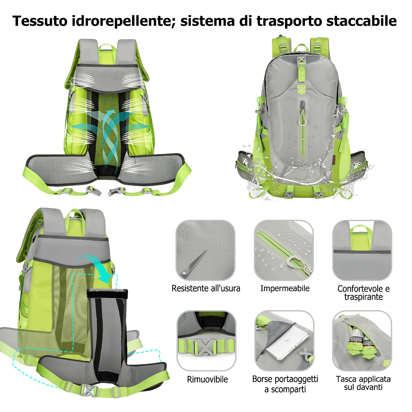 Zaino da Trekking 40L Zaino Impermeabile Grande Zaini Hiking Nylon Campeggio Backpack per Donna Uomo Viaggio Sport Nero