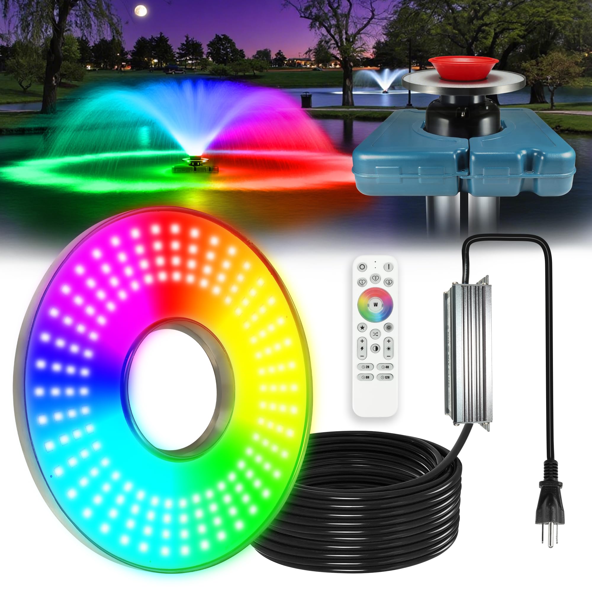 Photo 1 of Goldlife Pond Fountain Aerator Lights, F0 200W RGBW 20000LM 160LED Fountain Light with 100FT Power Cord, IP68 Stainless Wireless Sync Control Floating Fountains Pump Multicolor Light for Lake Ponds