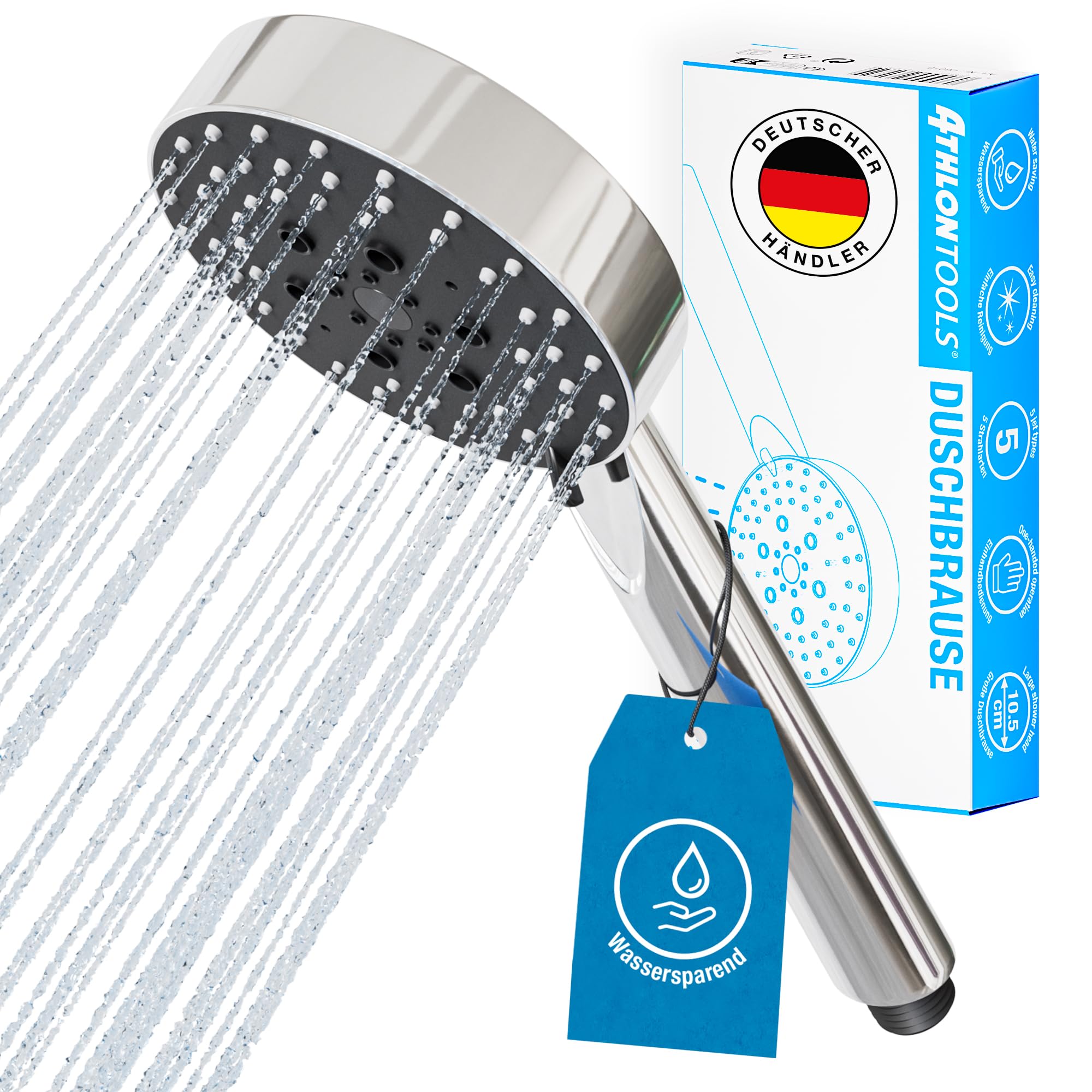 ATHLON TOOLS Duschkopf wassersparend - 5 Strahlarten Hochdruck Duschbrause - Ø 105 mm Handbrause rund (Chrom, Duschkopf 105 mm)