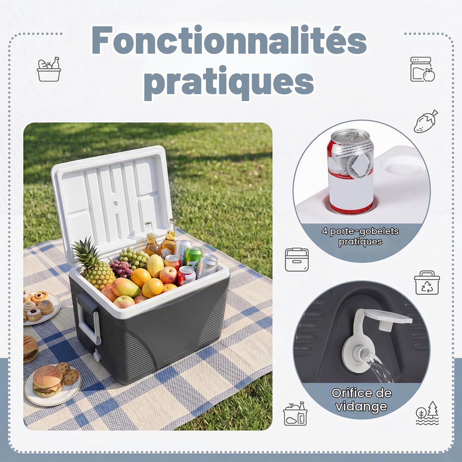 LIFEZEAL Glaciere Rigide Portable 41L, Glacière de Camping avec Isolation Thermique 5-7 Jours, Boîte Réfrigérante avec 4 Porte-Gobelets et Bouchon Vidange, Idéal pour Pique-Nique, Pêche, Voyage