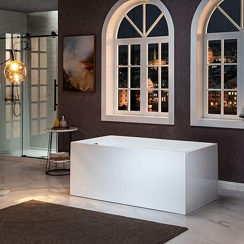 Vista 55 de WOODBRIDGE Bañera de acrílico independiente de 67 pulgadas, bañera blanca de remojo contemporáneo con desbordamiento y drenaje negro mate, Mate