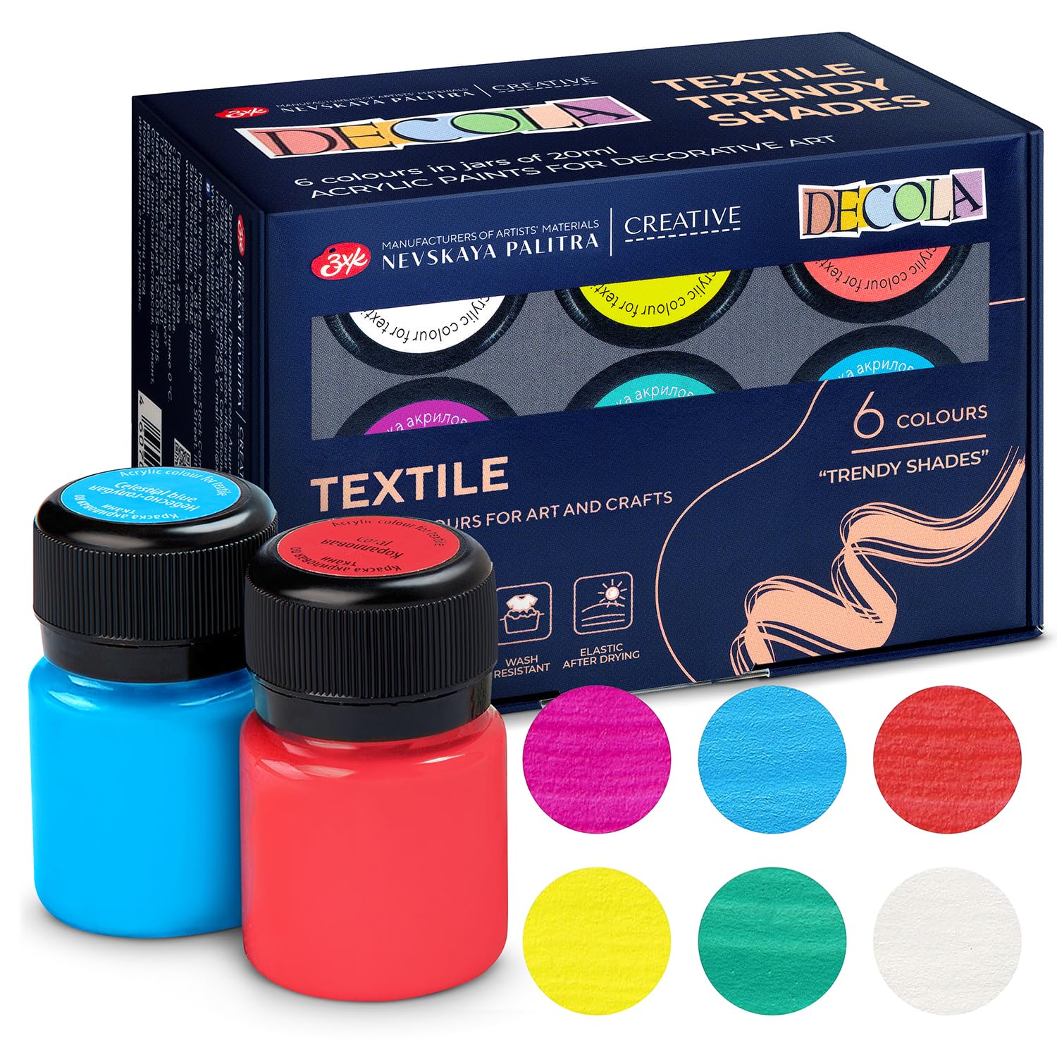 Decola Acrylic Textile Paint Set | 6x20 ml Trendy Washing Machine Resistant Fabric-Paint Colors