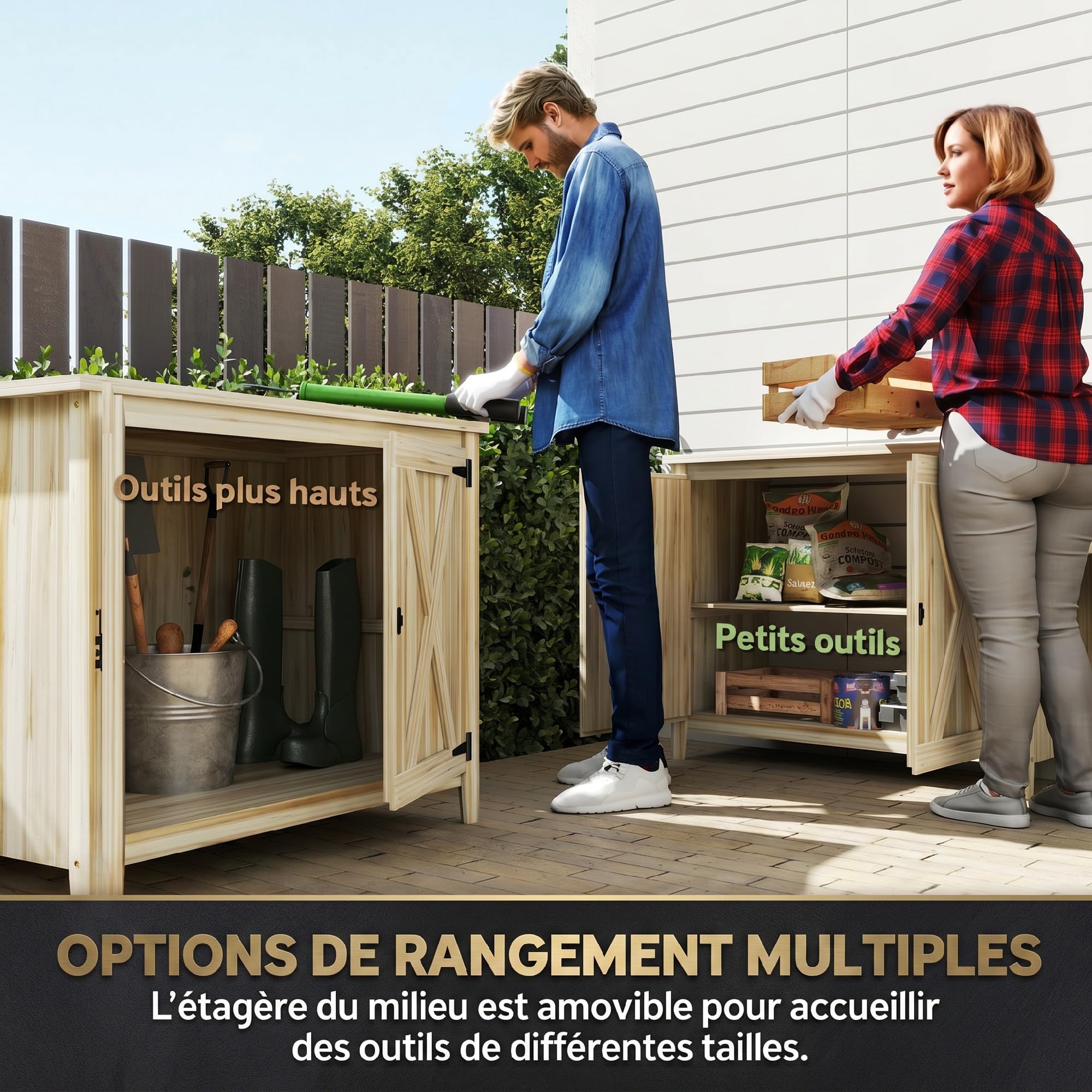 Outsunny Armoire de Jardin en Bois Étagères 110 x 60 x 88,5 cm Naturel | Double Portes, Placard de Jardin, Armoire à Outils