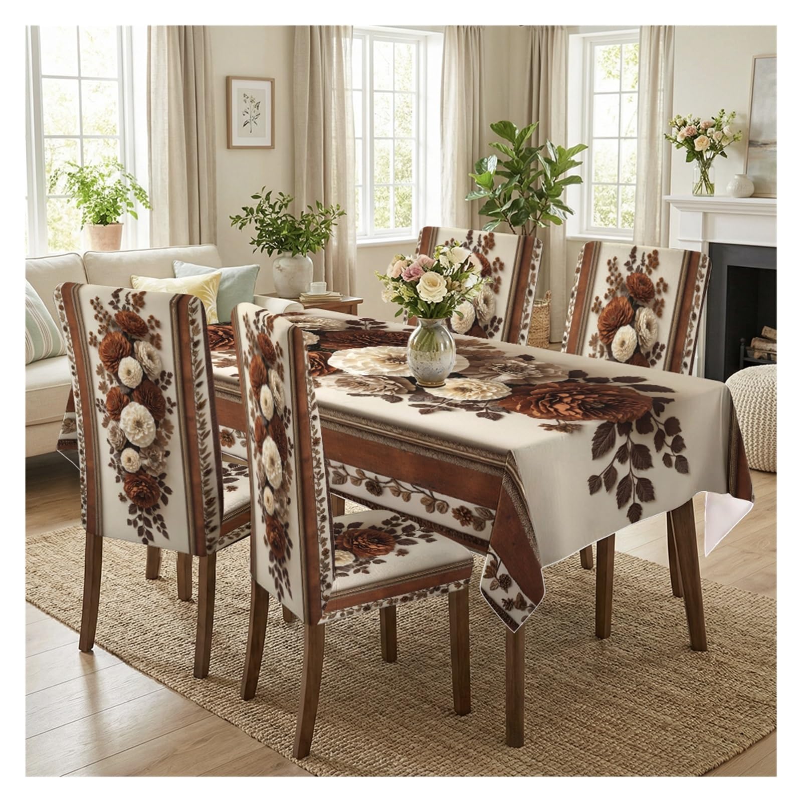 Nappe et housses de chaise marron crème imprimé dahlia rétro vintage