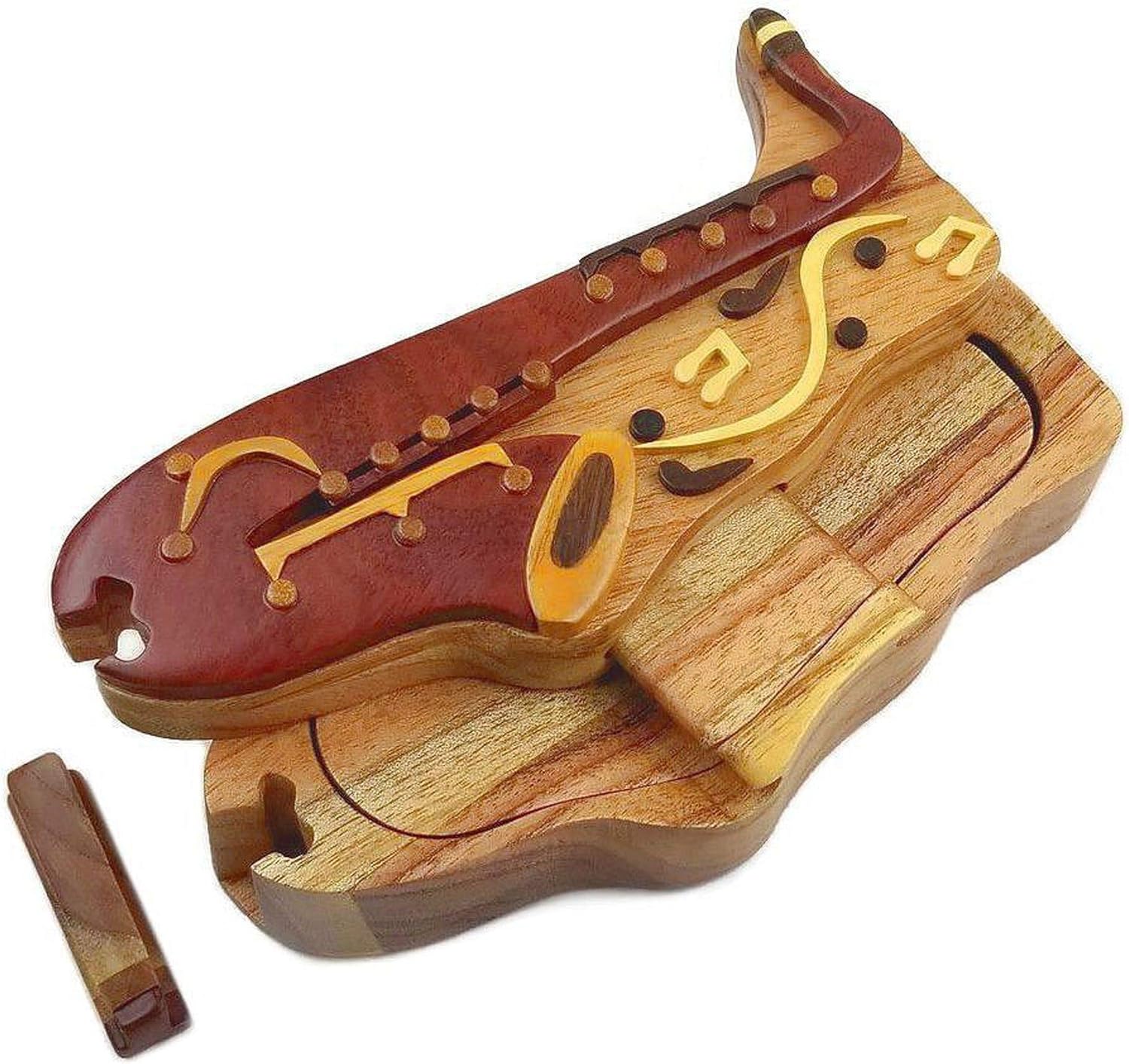 Saxophone with Musical Notes All Natural Exotic Woods Puzzle Box, 7 x 3.5 x 2 with Sliding Wooden Magnetic Key Lock, Sliding Cover and Inner Lid to Hidden Compartment. Hand-Made Wood Onlay Design