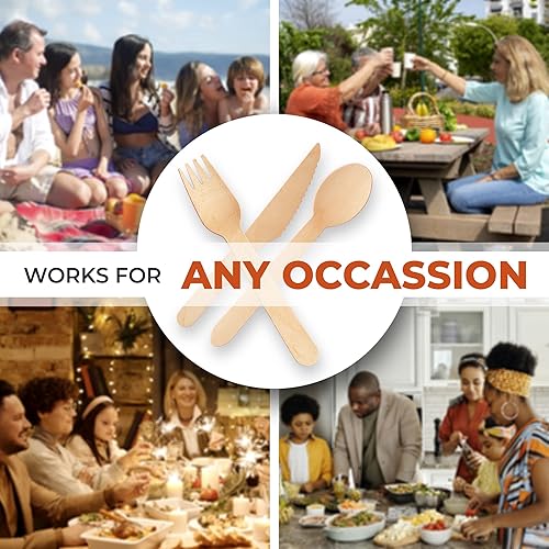 Miniatura 7 de Juego de cubiertos de madera desechables – 300 unidades (100 tenedores, 100 cuchillos, 100 cucharas) – Embalaje sin plástico – Cubiertos