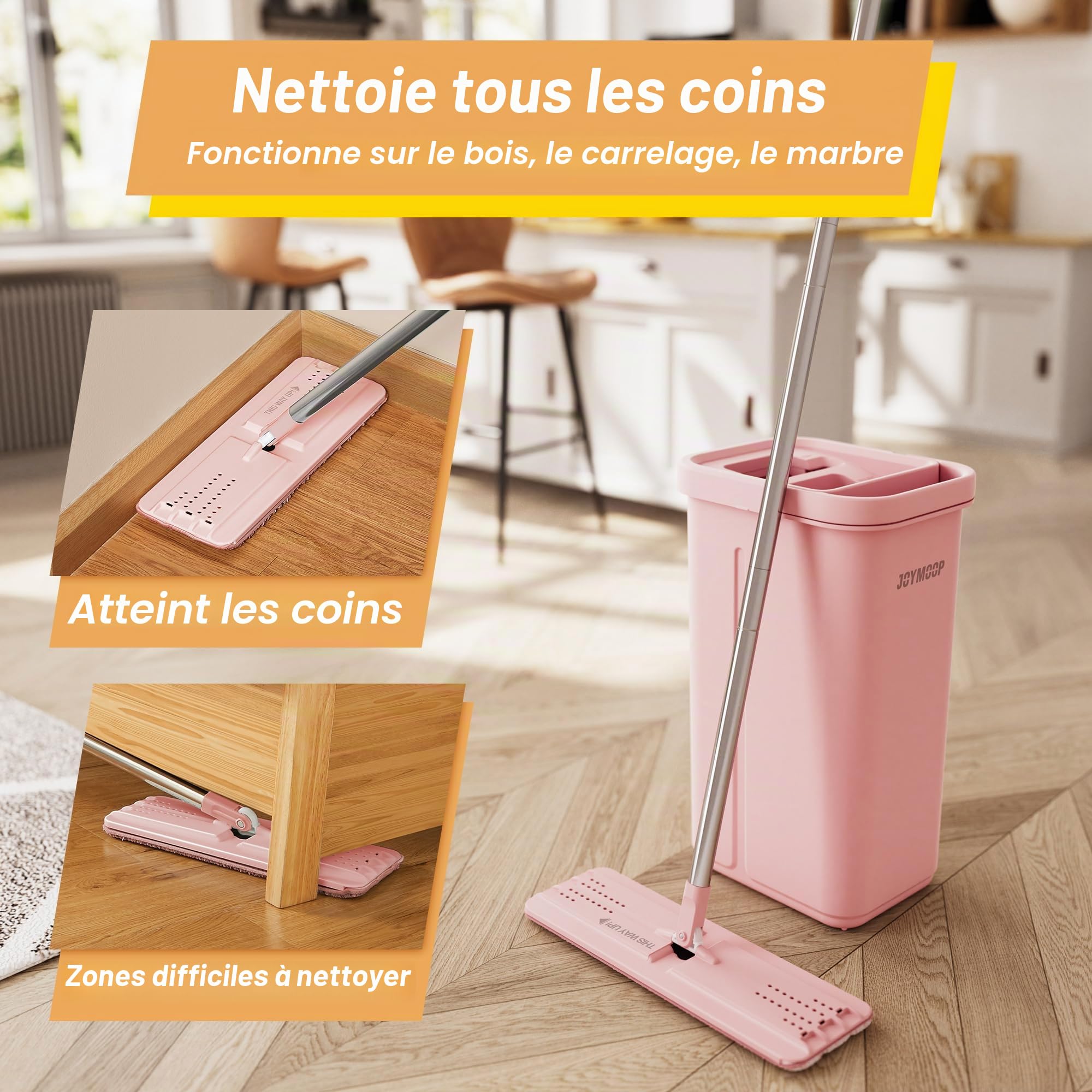 JOYMOOP Serpillère et seau avec essoreuse, balai à main libre, serpillère de 152,4 cm avec 3 tampons microfibre réutilisables