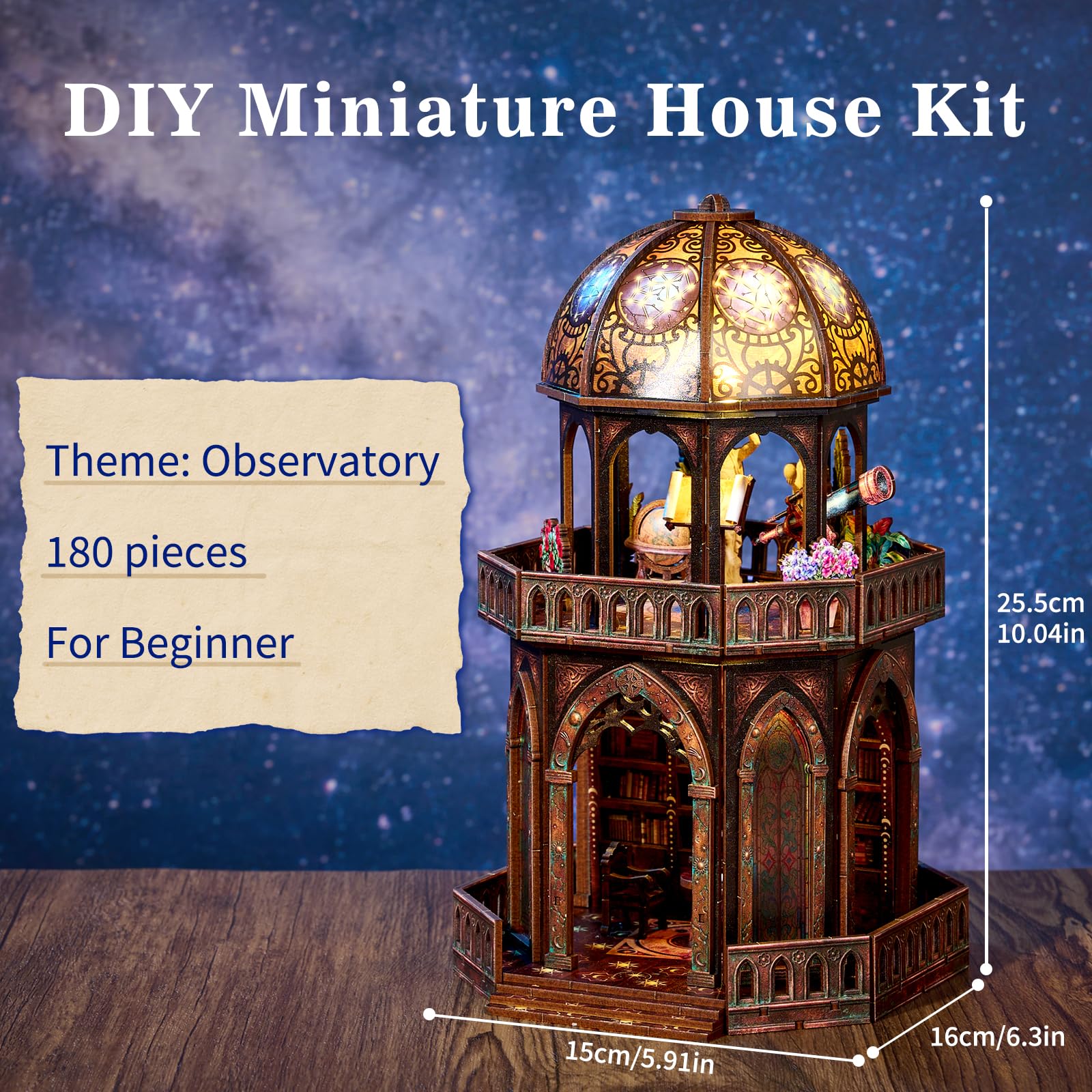 Kit per Casa Delle Bambole in Miniatura per Adulti, Torre Observatory | kit fai da te per mini Casa Book Nook con Luce a LED, Diorama, Libreria Decorativa, Regalo per Familiari e Amici