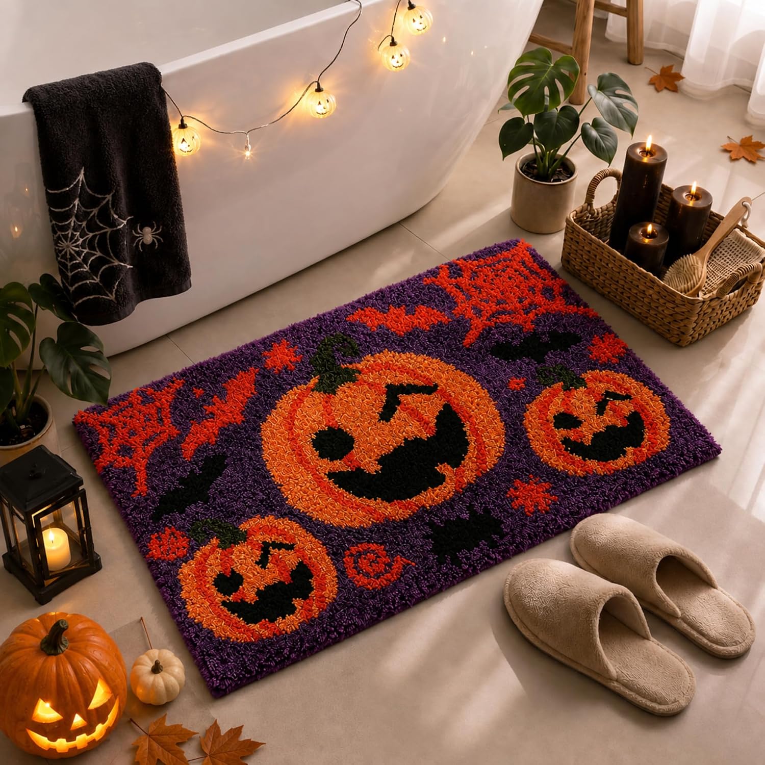 Fall Bath Mat Pumpkin Fall Leaf Bathroom Rug Orange Tufted Rug | 17 x 24 Inch Soft Absorbent Non Slip Microfiber Bath Mats Machine Washable for Autumn Thanksgiving Bathroom Bathtub Bedroom