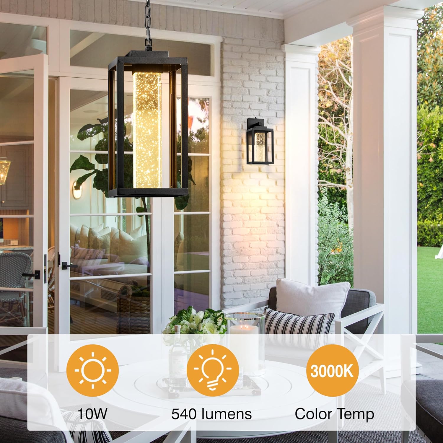 VIANIS Large Outdoor Pendant Lights with Adjustable Chain, Modern Black Exterior Chandelier for Porch with Integrated 10W LED Light Source, 100% Aluminum Waterproof Exterior Hanging Lighting for House