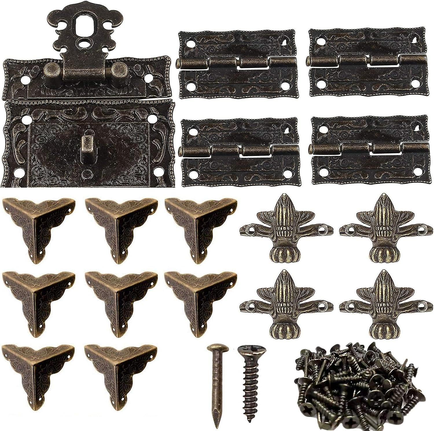 Dww-Fermoir Boite Verrou Dcoratifs Antiques 8 Pices Coin Dcoratif Protection Couverture 4 pcs Charnire en Mtal 4 pcs Pied Dangle Dcoratifpour Bote bi