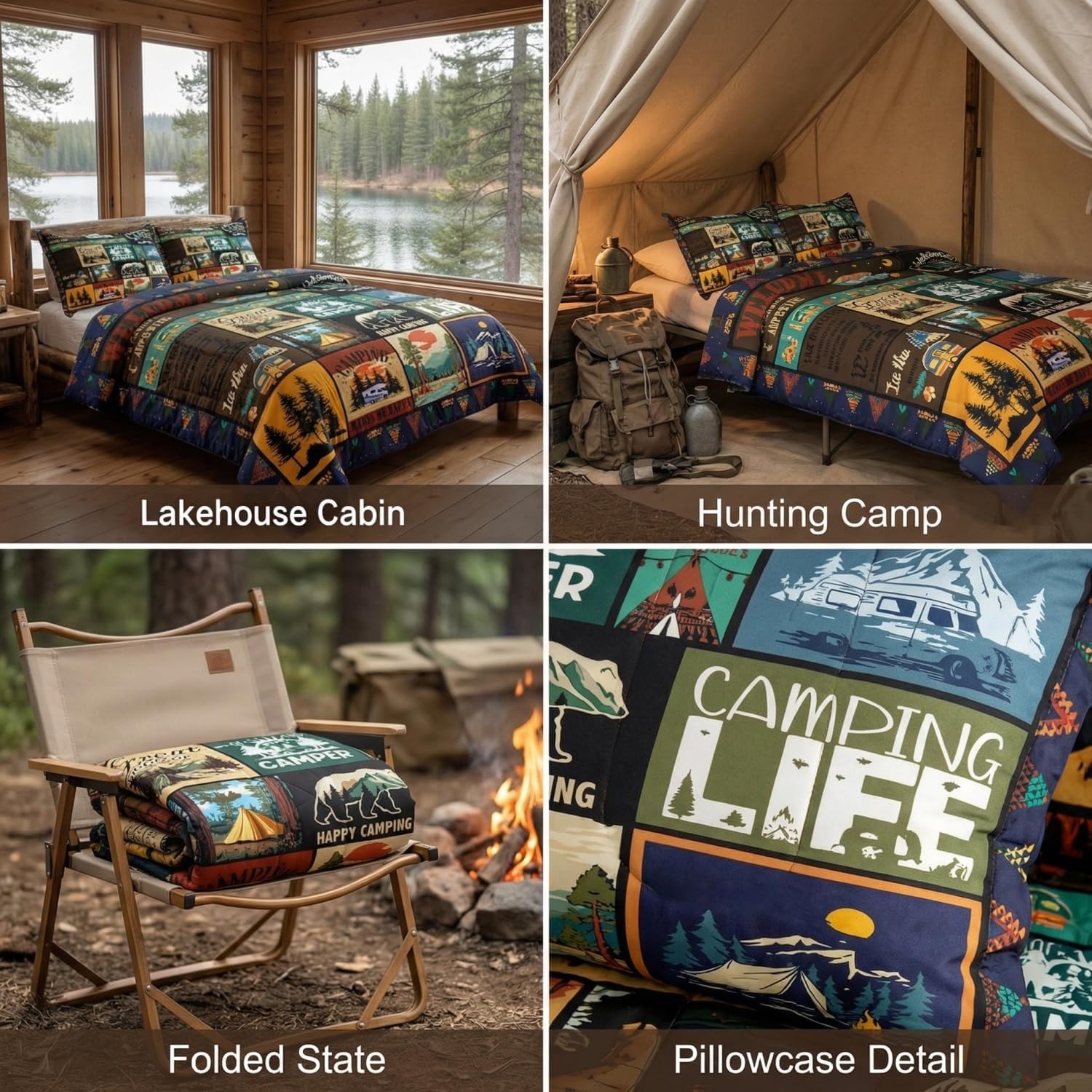 Erosebridal Camper King Comforter Set Happy Camping Bedding Set for Camper Gifts,RV Bedding Sets for Kids Boys Girls Room Decor,Rustic Country Style Patchwork Camping Quilt Bed Set 3Pcs