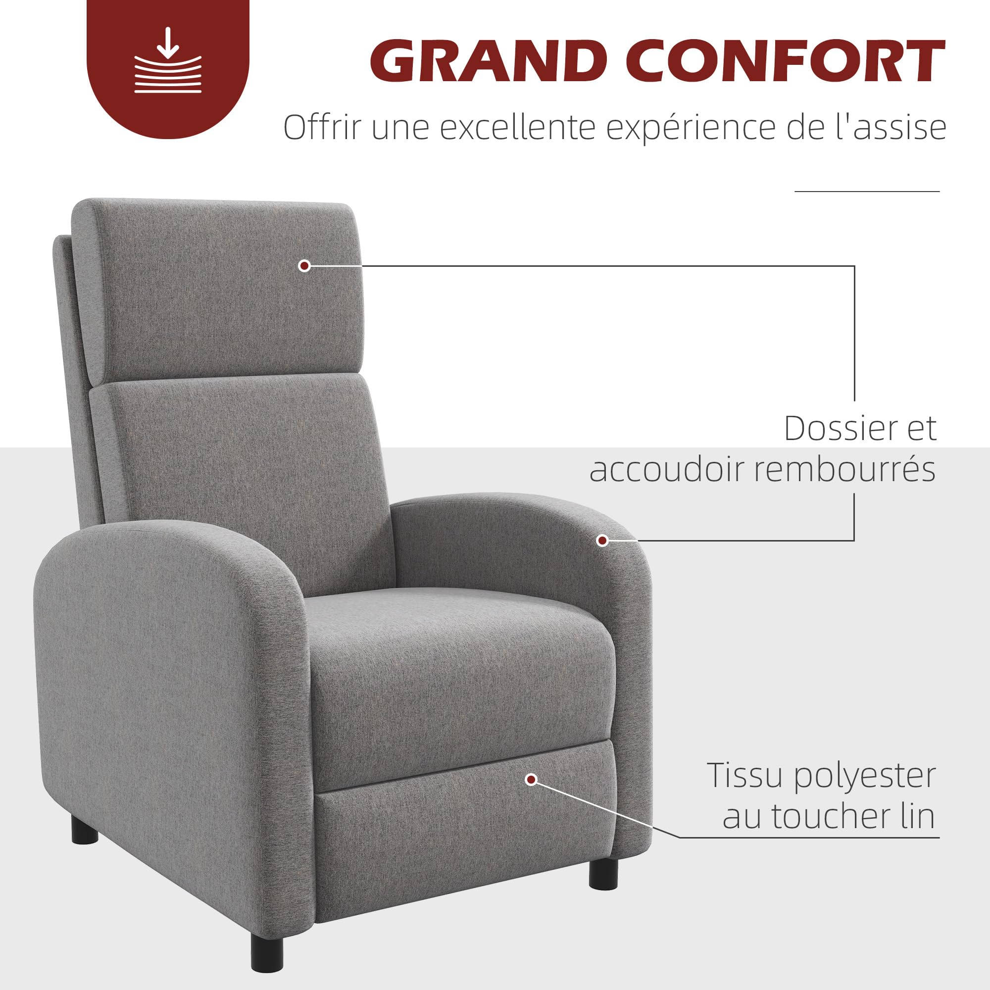 HOMCOM Fauteuil Relax Fauteuil de Relaxation inclinable Salon avec Dossier réglable jusqu'à 160° manuellement, Repose-Pieds intégré pour Salon Chambre Bureau Home cinéma, Charge 120 kg, Gris