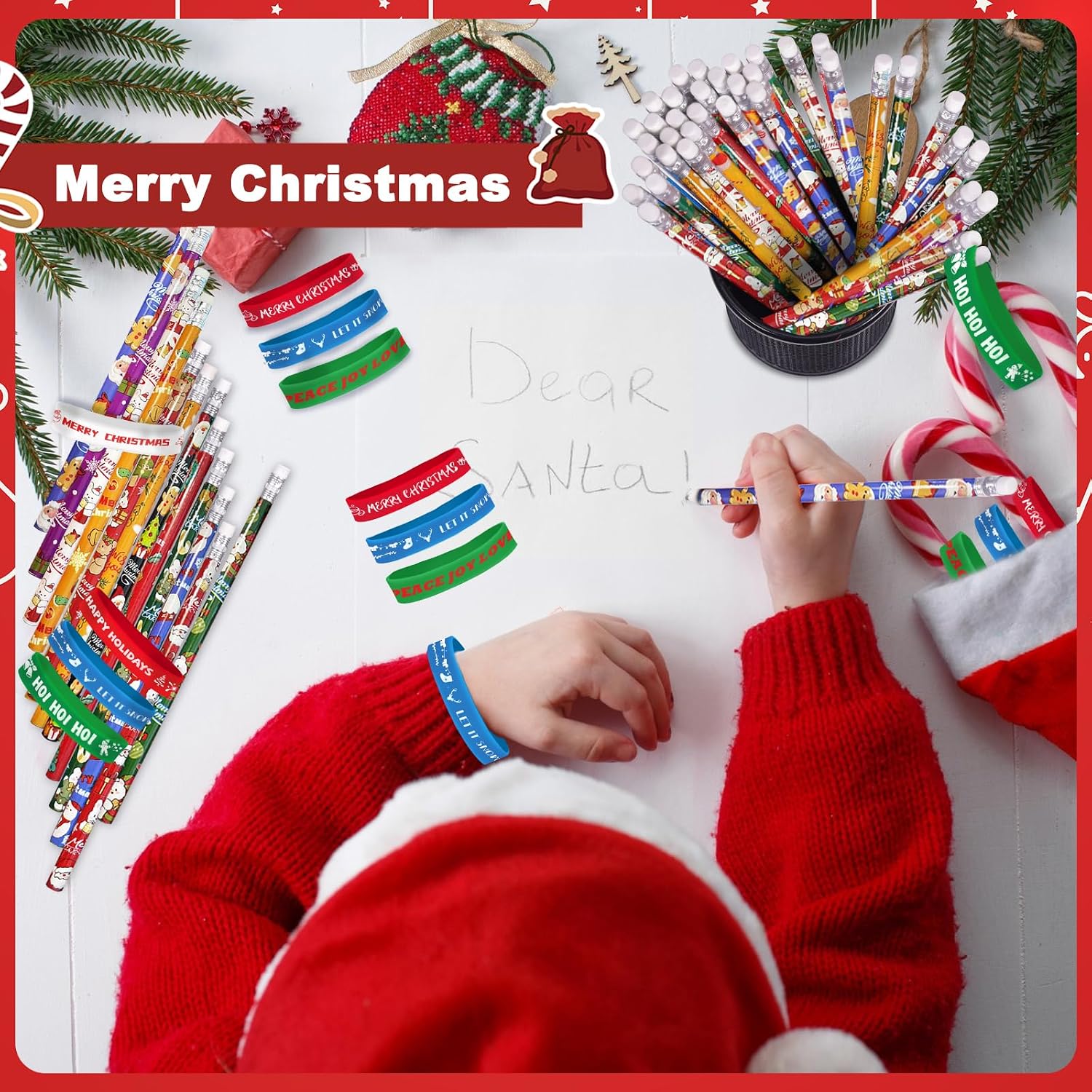 48 Pcs Christmas Pencils Silicone Wristbands Set 24 Pcs Xmas Wood Pencil 24 Pcs Christmas Rubber Wristbands Christmas Stocking Stuffers image 4