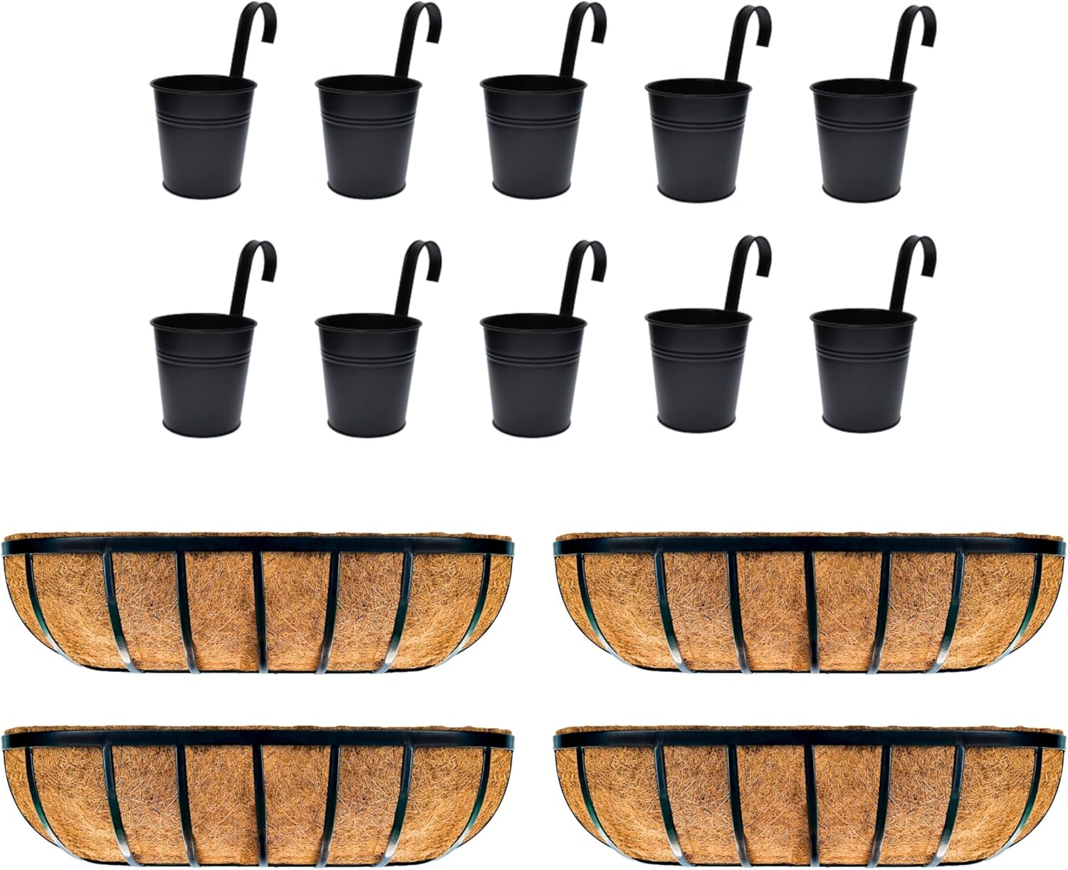 LaLaGreen Bundle- 4 Pack, 24 Inch Rectangular Basket with Coco Liner + 10 Pack, 4 Inch Black Metal Pot Hanging Window Flower Bucket Box Deck Railing Fence Balcony Patio Porch Plant Holder Garden Decor
