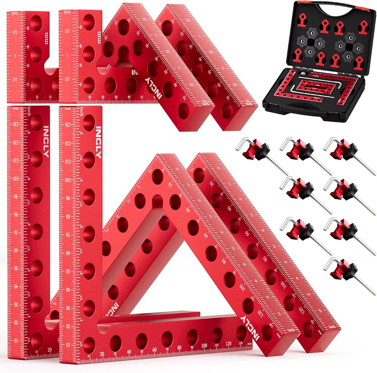 INCLY 8 Pack Corner Clamps for Woodworking, 90° Aluminum Right Angle Set | 4 x 5.5" & 4 x 3.14" Positioning Squares, 90 Degree, Woodworking Tools for Cabinets, Frames, Drawers, Boxes, with Storage Box