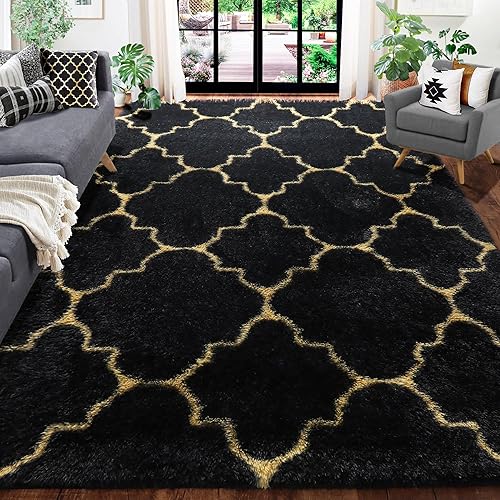 Amdrebio Black and Gold Rug for Living Room Decor, 5x8 Area Rug, Soft Fur Shag Cool Rugs for Bedroom, Plush Modern Farmhouse Rug for Classroom, Geometric Floor Fluffy Thick Carpet for Mens Office