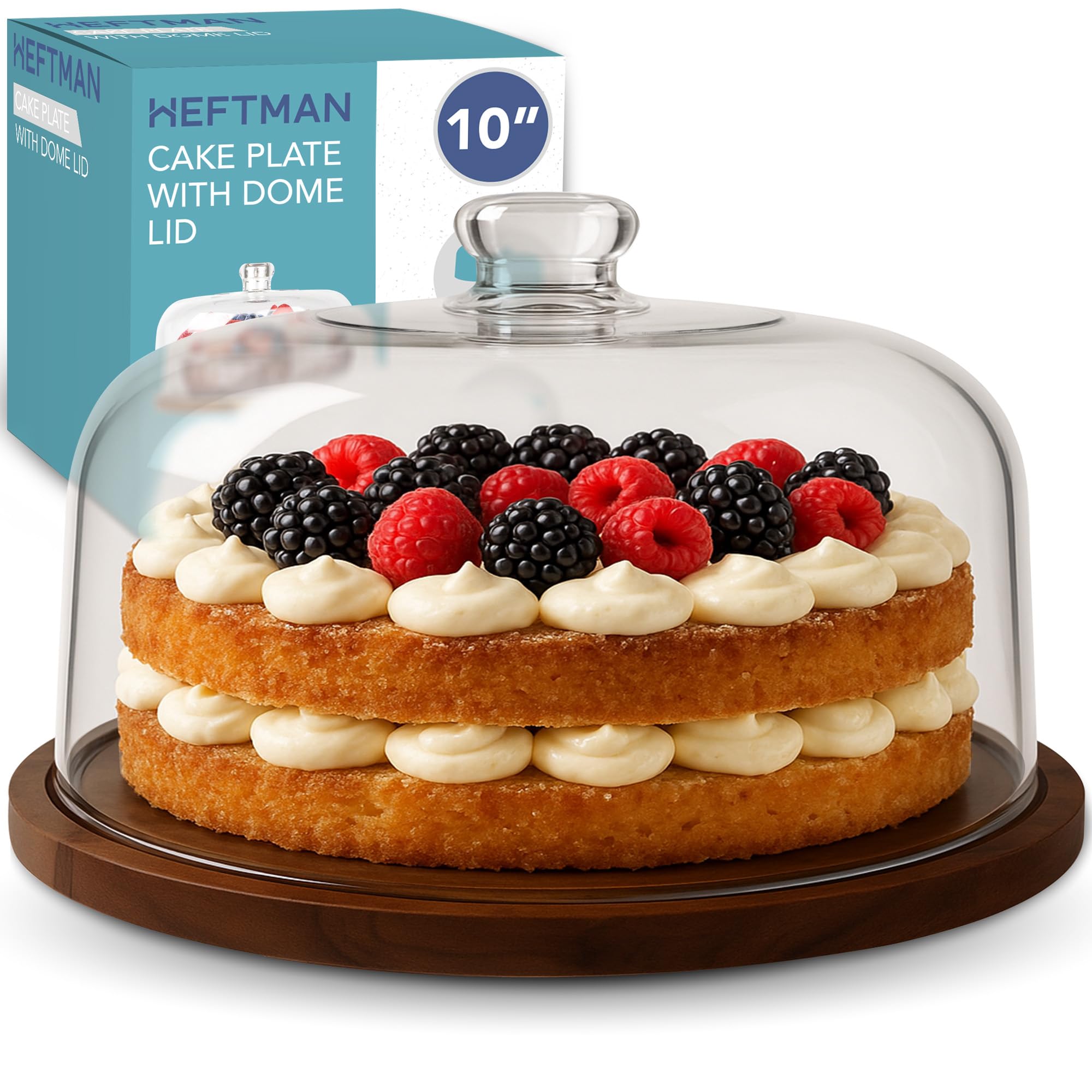 HEFTMAN Cake Stand with Dome Lid - 10" Non-Slip Acacia Wood Cake Stand with Clear Acrylic Dome Cover for Cakes, Pastries, Cheese Boards - Ideal for Birthday, Wedding, Party, Café (Flat)