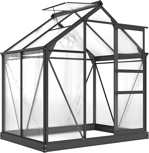 Outsunny Invernadero de 6' x 4' para exteriores, invernadero de policarbonato con canalón de lluvia y ventilación de techo, invernaderos de aluminio