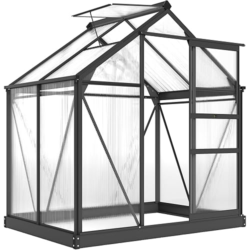 Outsunny 6' x 4' Greenhouse for Outdoors, Polycarbonate Greenhouse with Rain Gutter and Roof Vent, Aluminum Walk-in Green Houses for Outside for Patio Backyard Garden, Gray