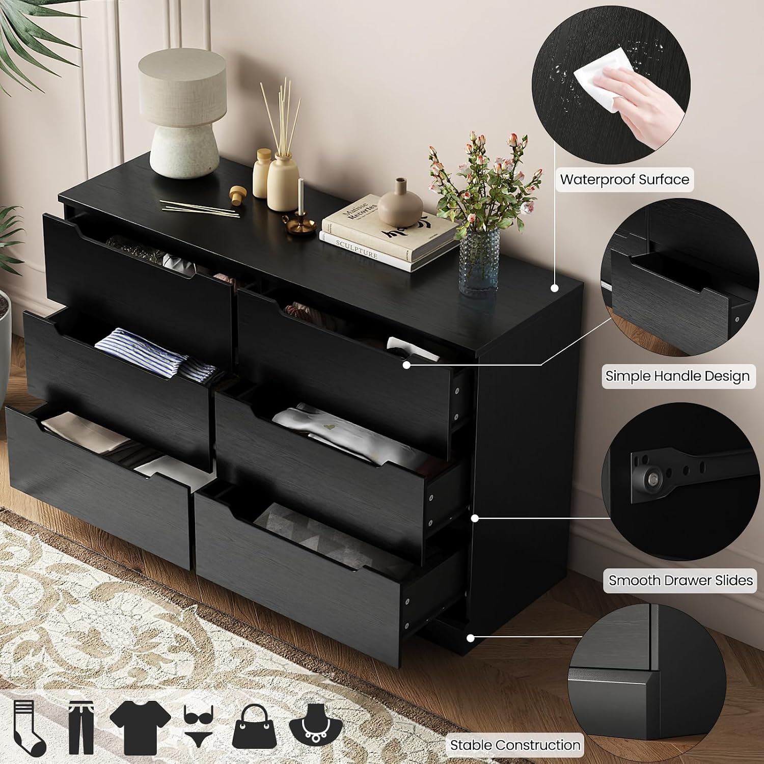 Close-up of dresser features: waterproof surface, simple handle design, smooth drawer slides, stable construction