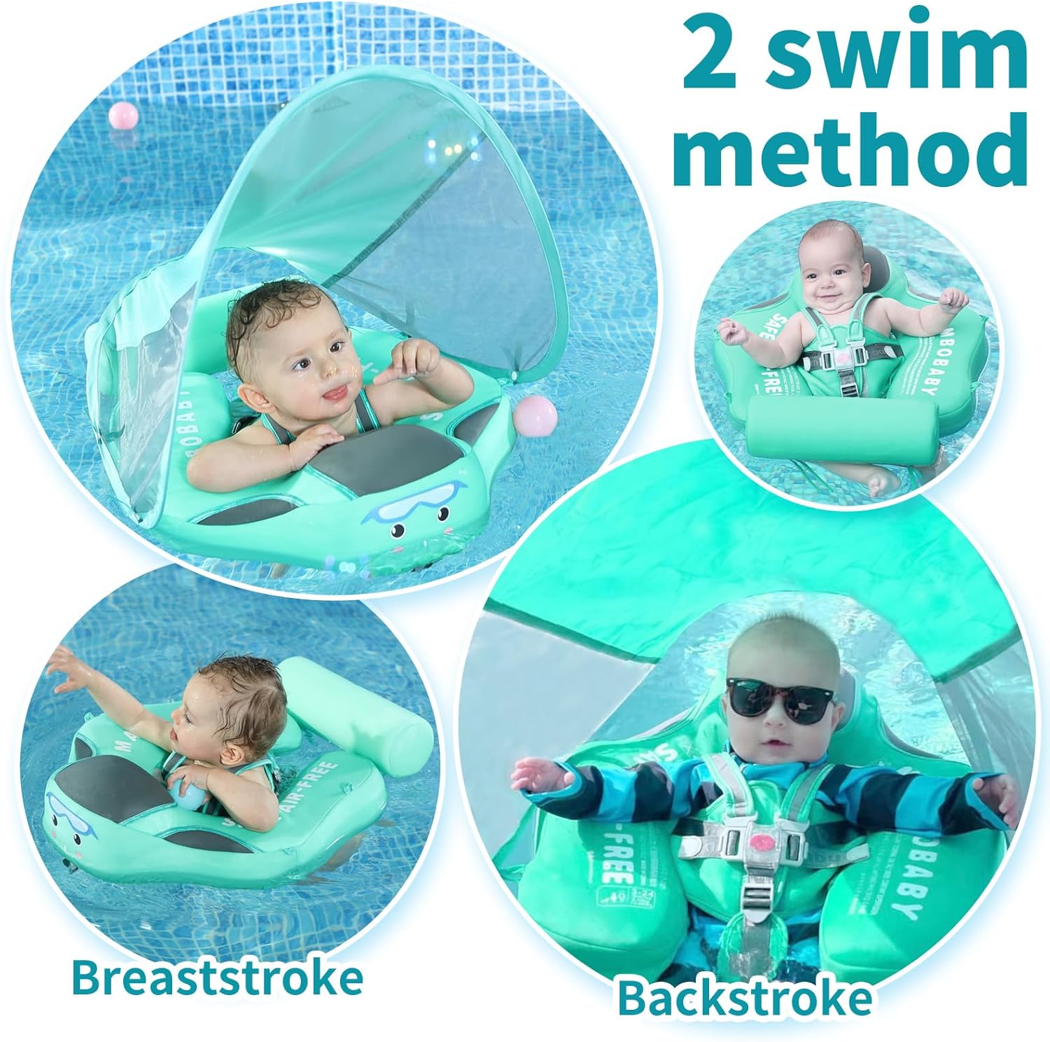 Mambobaby Float with Tail and Canopy Non-Inflatable Baby Swim Float Mambo Float Smart Swim Trainer Infant Swim Pool Float Swim Ring for 3-24months Girls Boys