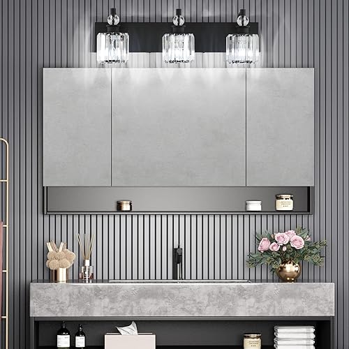 Miniatura 4 de Ralbay Luces de baño de cristal negro con 3 luces de cristal para tocador de baño, lámparas sobre espejo, modernas luces de pared de baño negro mate