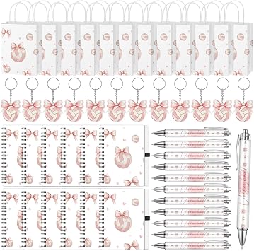 48 Pcs Volleyball Party Favors Gifts Pink Bow Volleyball Spiral Notebook Pens Keychains Paper Bags for Coaching Supplies Coach Valentines Gifts Team Party Players Sports Lover
