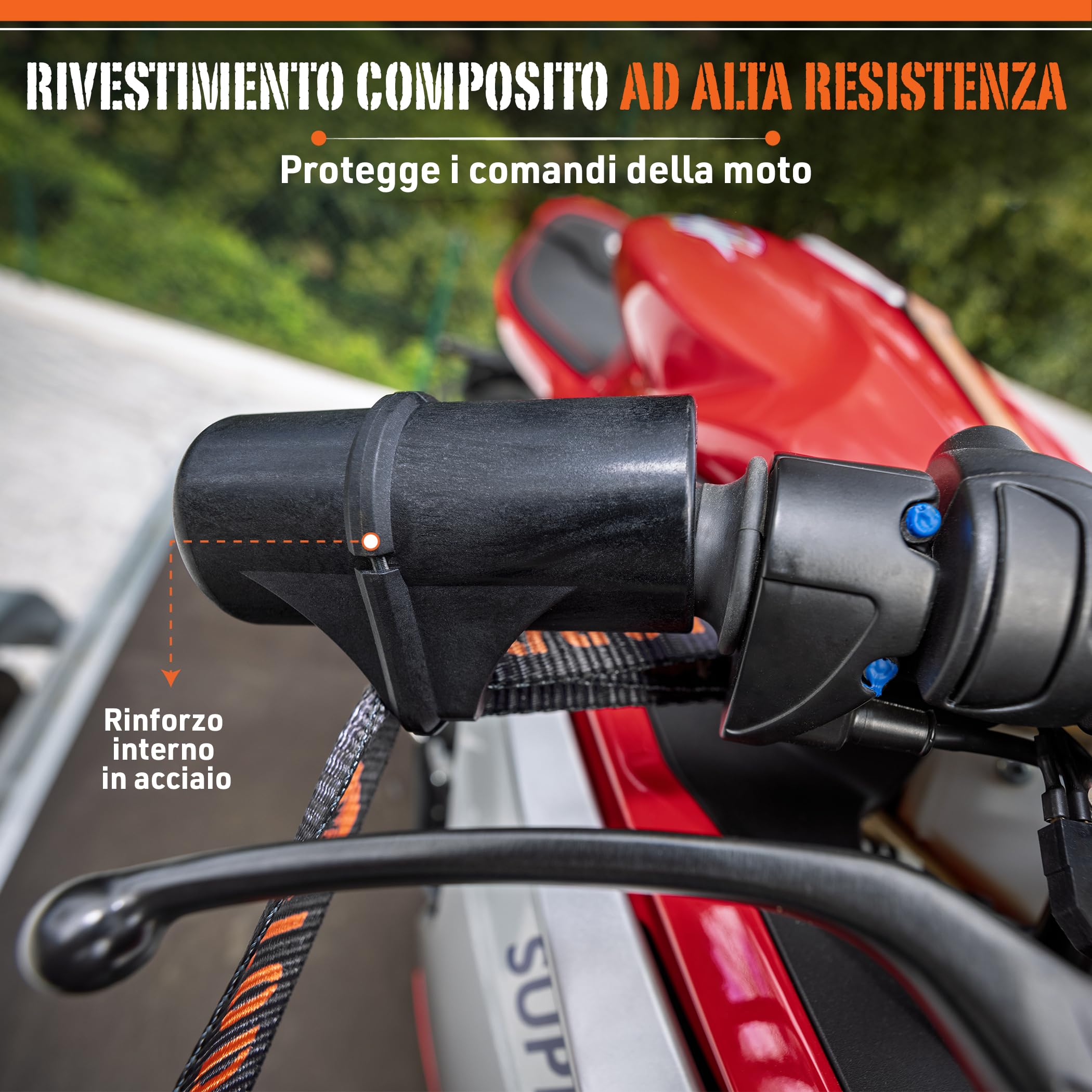 LODD – Cinghie Moto, Ancoraggio al Manubrio con Manicotti Compositi Rinforzati, 38 mm, 1100 kg, Moschettoni in acciaio, Rimorchio, Stradali & sportive (Cricchetti/Manicotti rigidi)