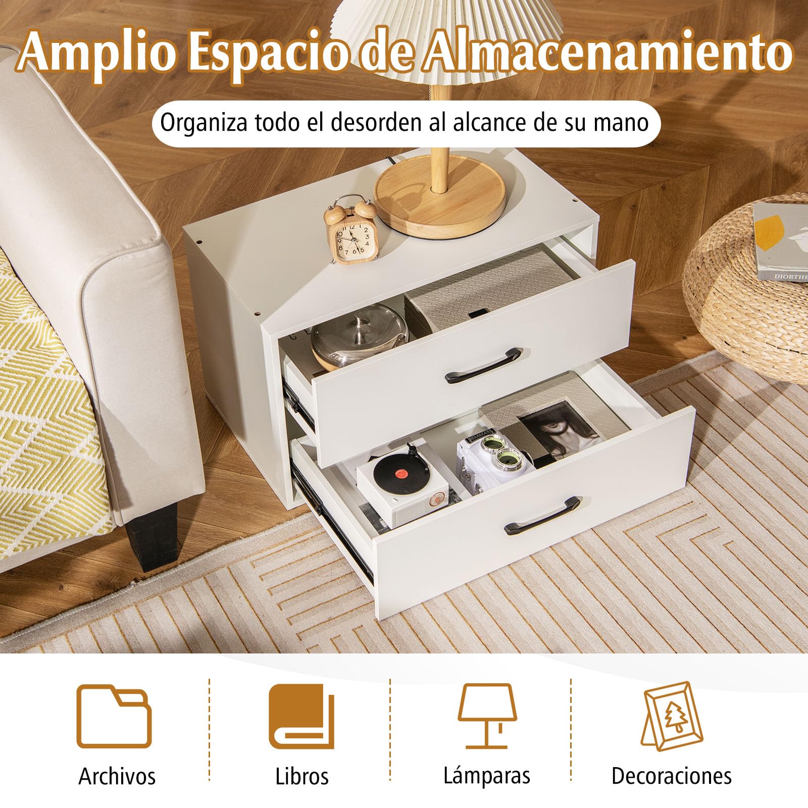GIANTEX Cajonera de Almacenamiento con 2 Cajones, 60 x 34 x 38 cm, Armario Bajo de Madera, con Kit Antivuelco, Cómoda para Salón, Dormitorio (Blanco)