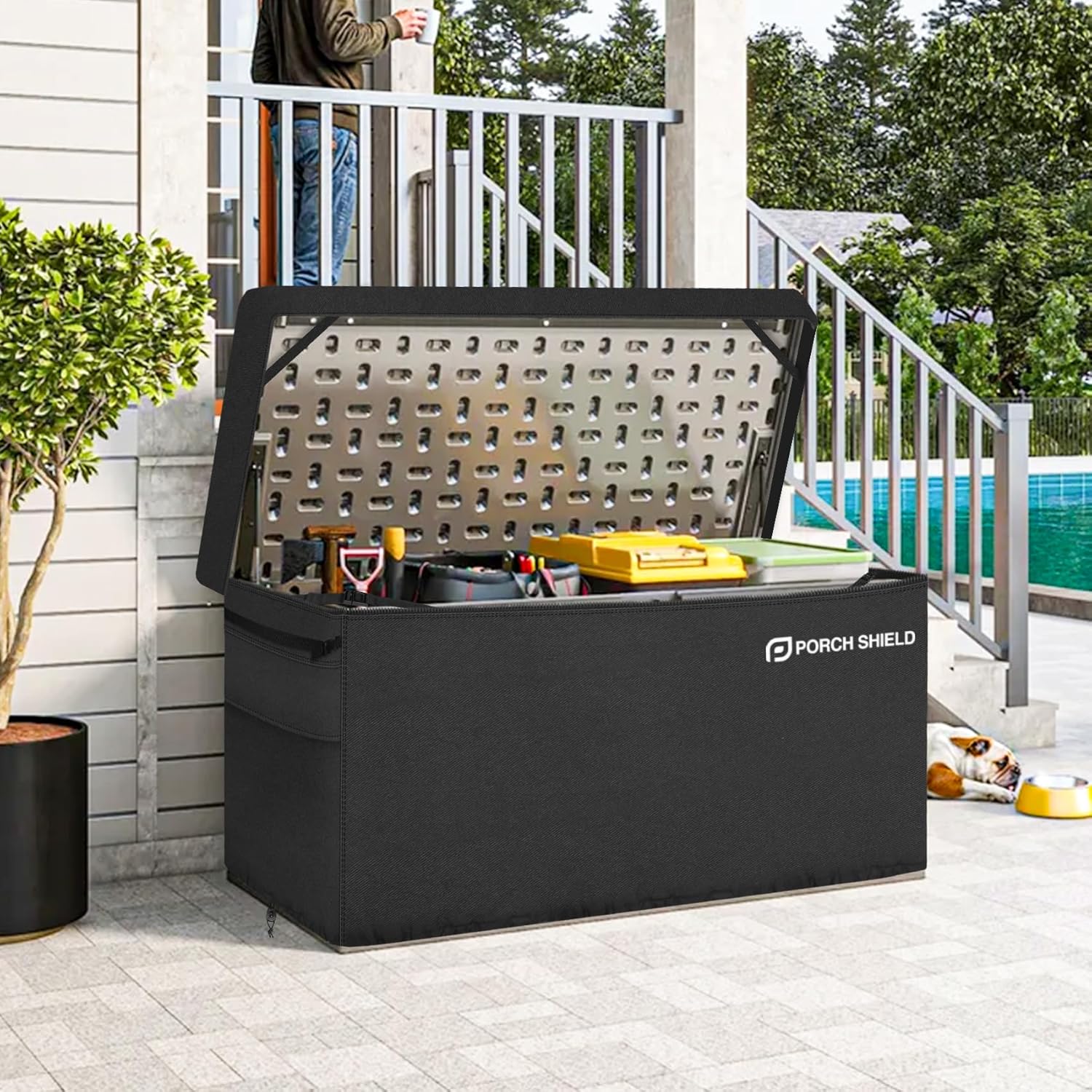 Porch Shield Patio Deck Box Storage Cover - 600D Outdoor Waterproof Tear Resistant Rectangular Fire Pit Table Cover 56 x 26 x 26 inches（Top Zipper, Black）