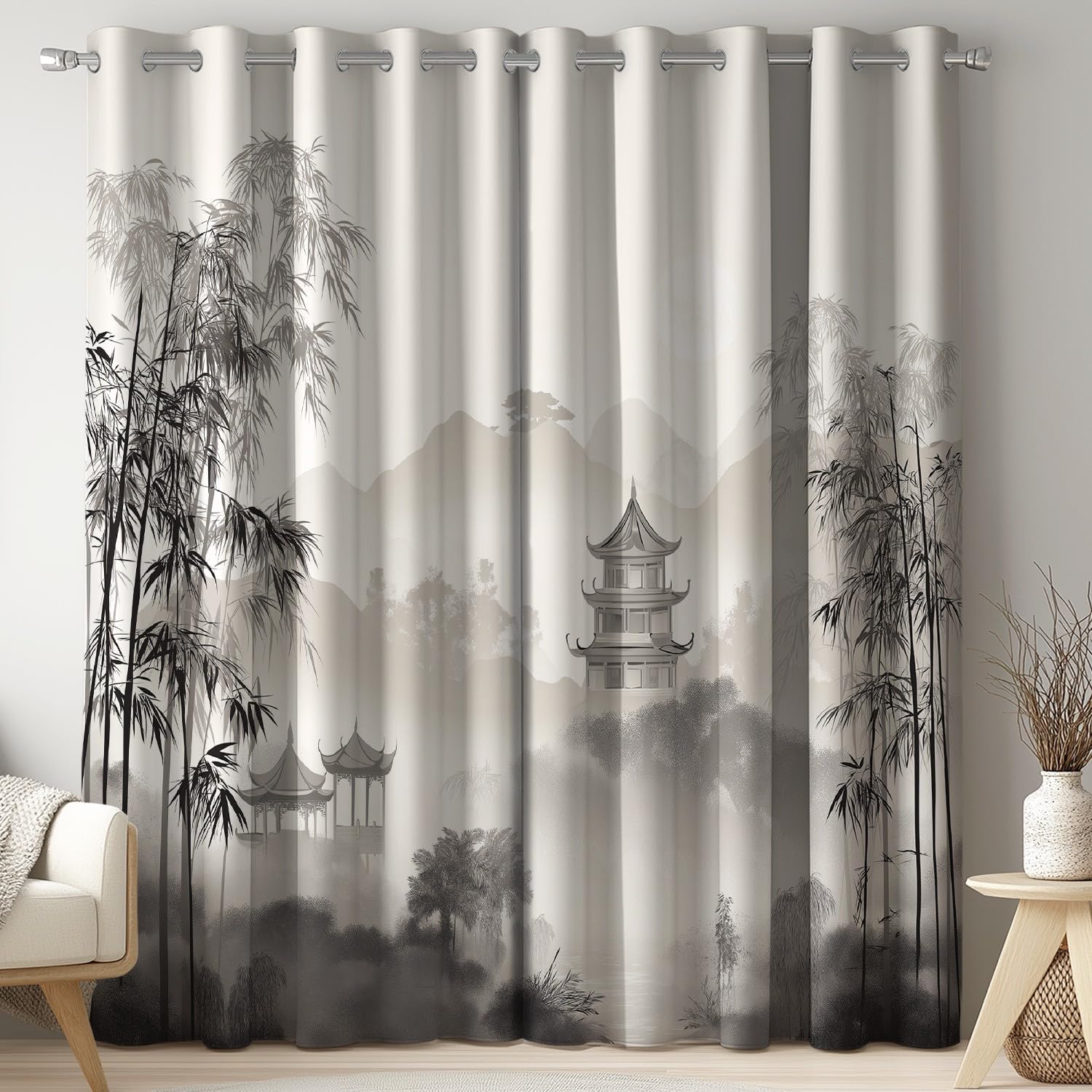Generisch Vorhänge Blickdicht 2er Set 245 x 175 cm - Knitterfrei Gardinen vorhänge Tuschemalerei Landschaft Berg Schwarz Extra Breit mit Geräuschminderung mit Ösen für Schlafzimmer und Wohnzimmer