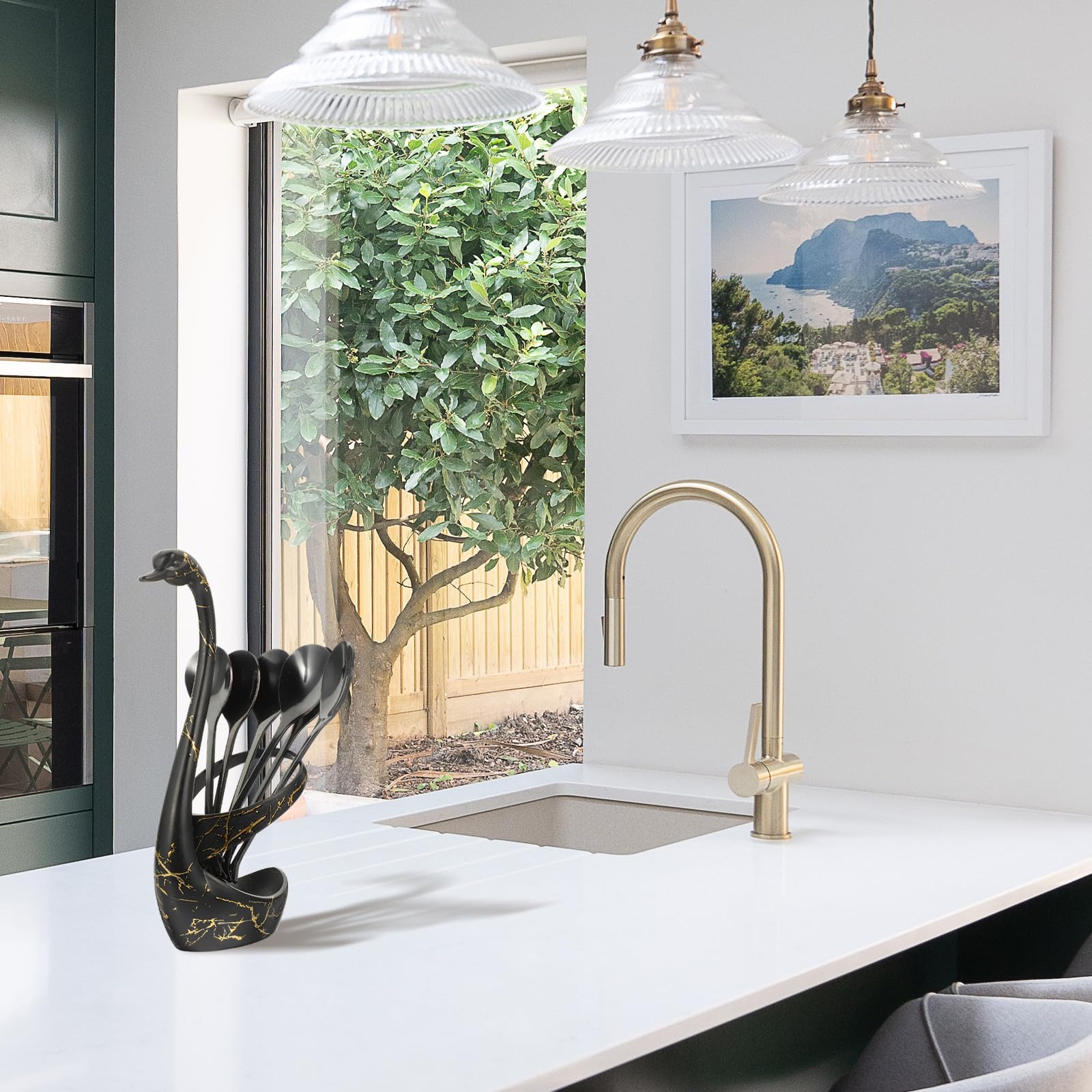 BESPORTBLE Set 6 Cucchiaini da Caffè in Acciaio Inox Porta Cucchiaino a Forma di Cigno Nero, Cucchiai da Dessert e Frutta Supporto Elegante per Uso Domestico e Feste