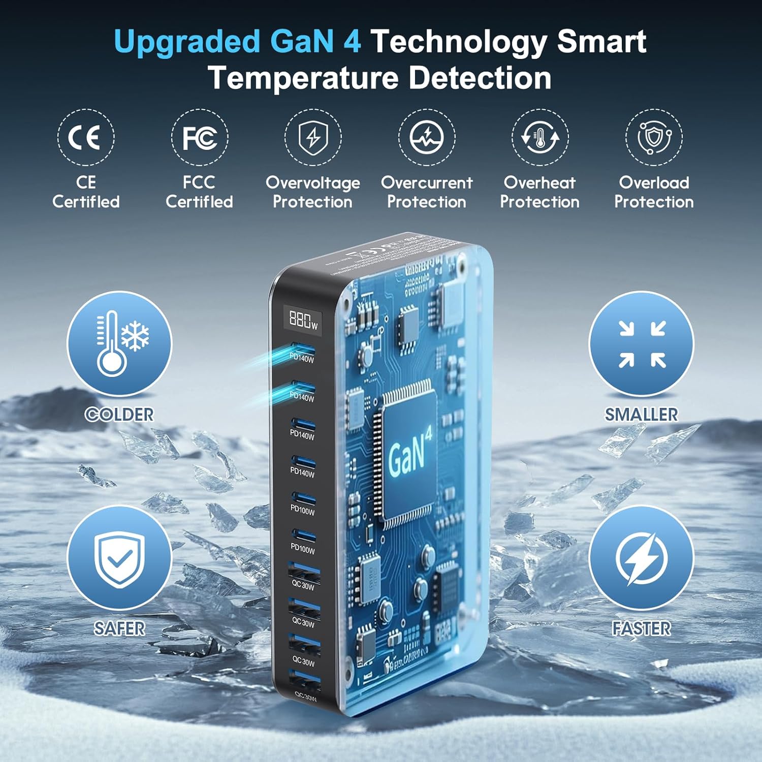 880W USB C Fast Charger Block, 10 Port USB Charging Station, GaN Ⅳ Pro 140W PD PPS Port for Multiple Devices,Laptop Wall Charger Compatible with DELL, HP, MacBook Pro,iPhone17/16 pro,Galaxy S24.