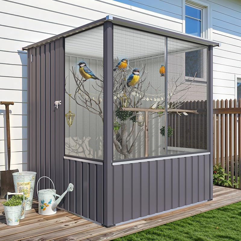 Outdoor Large Bird Cage, 5x5 Ft Aviary | Walk-in Parrot Aviary Cage, with Lockable Doors & Ventilated Mesh for Macaws, Canaries, Budgie and Lovebirds
