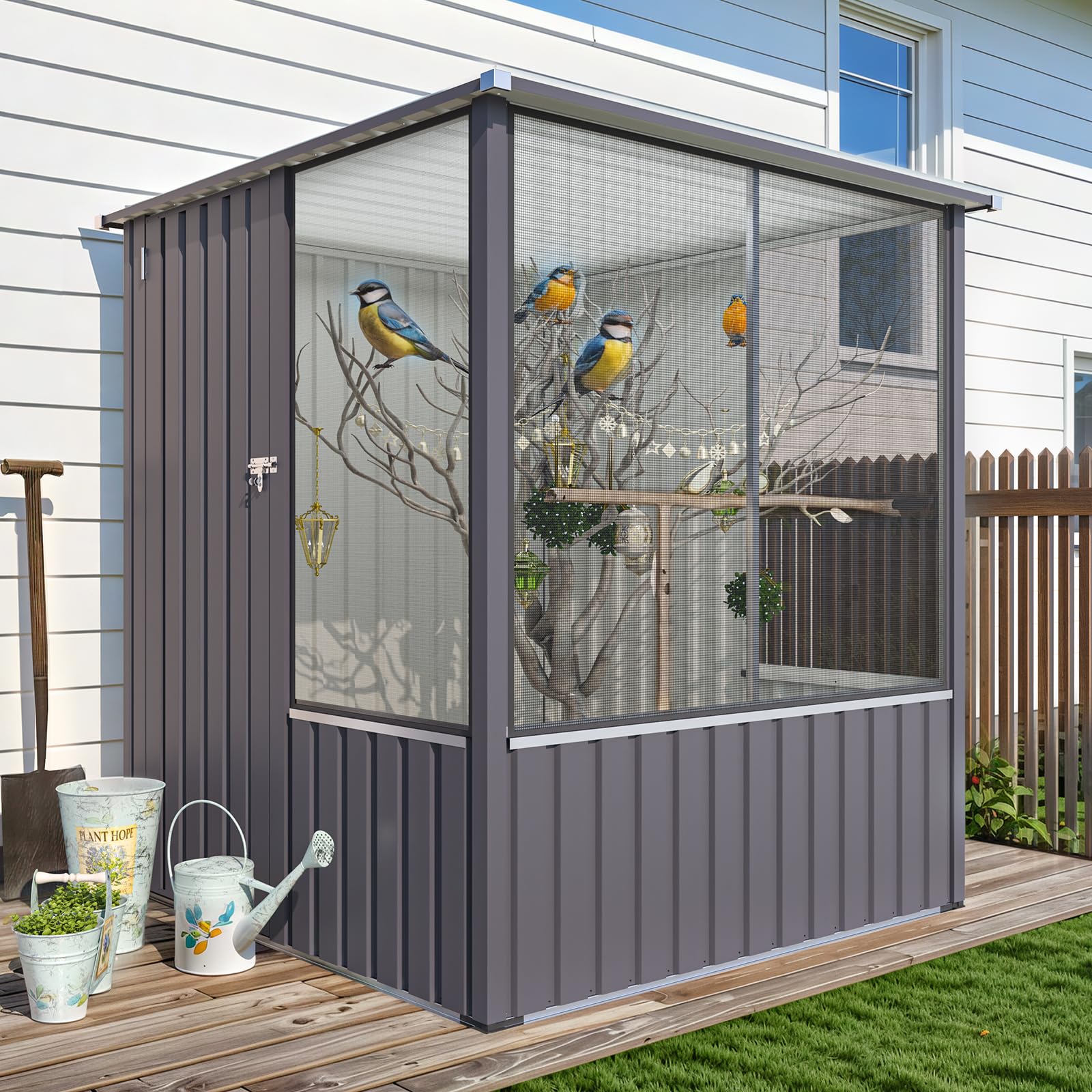 YODOLLA Großer Vogelvoliere außen, Metall Vogelkäfig für Finken, Grau | Wetterfeste Volieren-Erweiterungskomponente mit Beobachtungsfenster – für Garten, Balkon & Terrasse, 163x158x174cm
