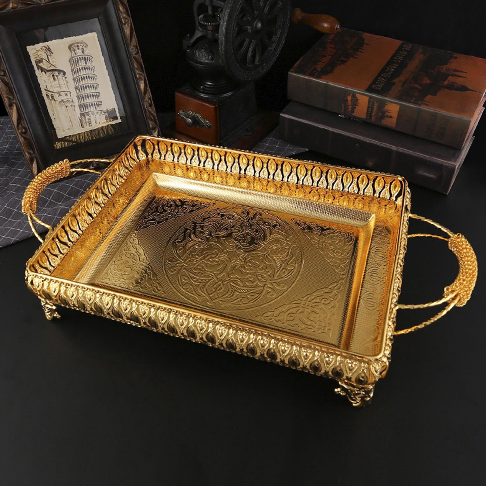 Yctze Bandeja Decorativa Dorada para Servir Bandeja de Metal para Servir Comida, Merienda, Fruta, Rectángulo Europeo, Plato Decorativo para Fiesta, de Metal Dorado Decorativas Hogar y Cocina/Cocina