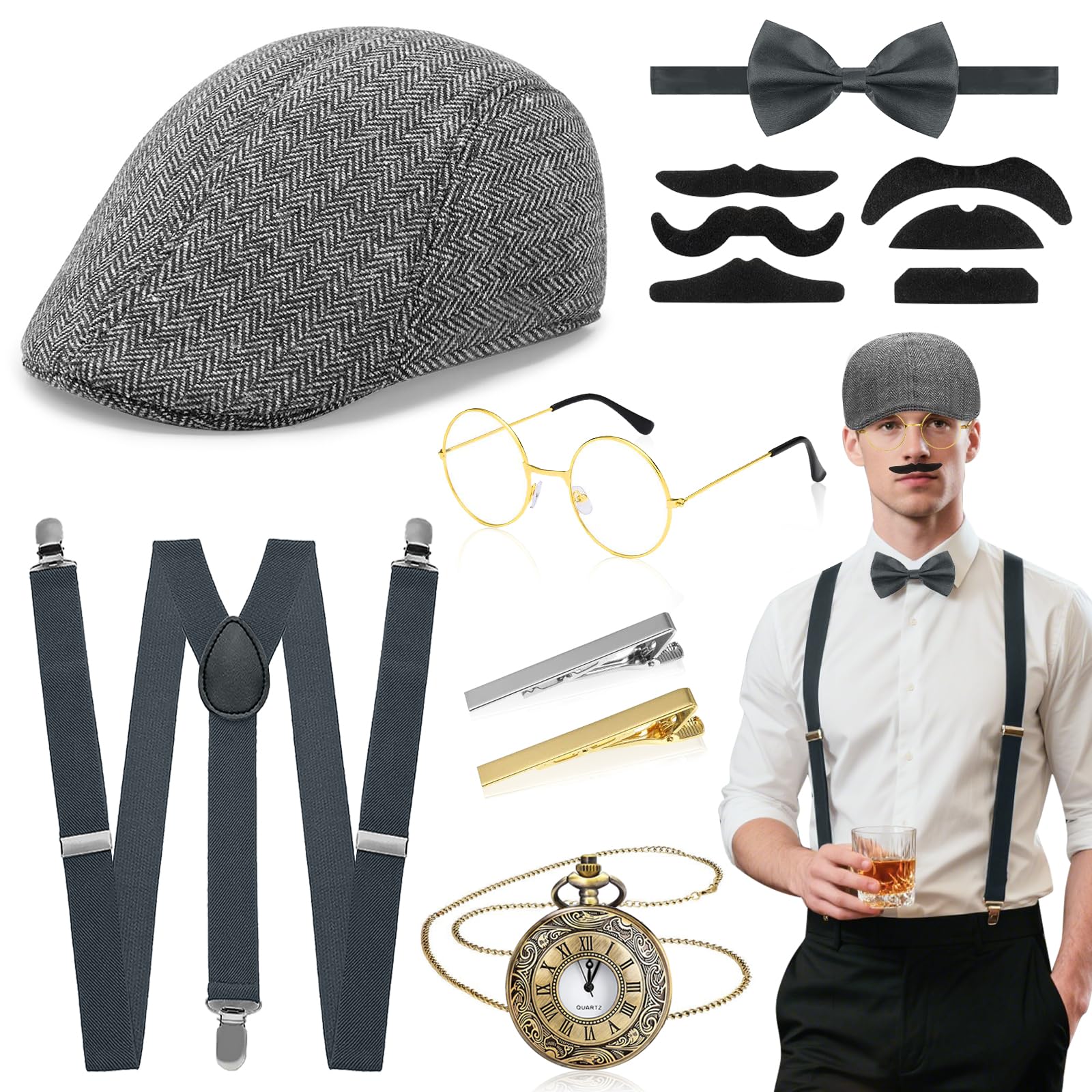 1920s Gangster Costume Accessories Set for Men, Great Gatsby Fancy Dress Kit with Panama Hat Bow Vintage Pocket Watch Glasses Moustache Suspender for Cosplay 20s Gangster Themed Party Halloween-Grey