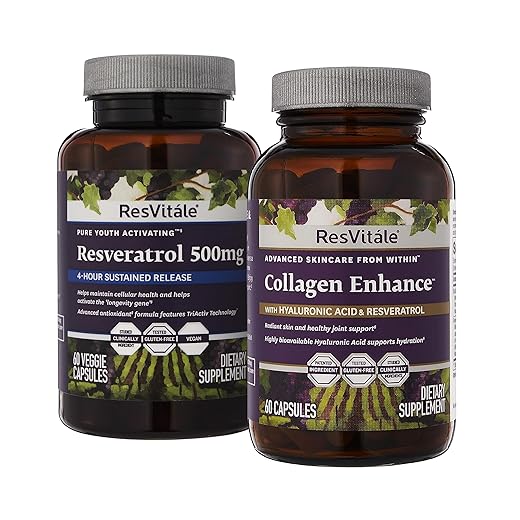 ResVitále Collagen Enhance - Beauty Supplement with Hyaluronic Acid & Resveratrol - 60 Capsules & ResVitále Resveratrol 500 mg - Resveratrol Supplement for Men and Women - 60 Veggie Capsules