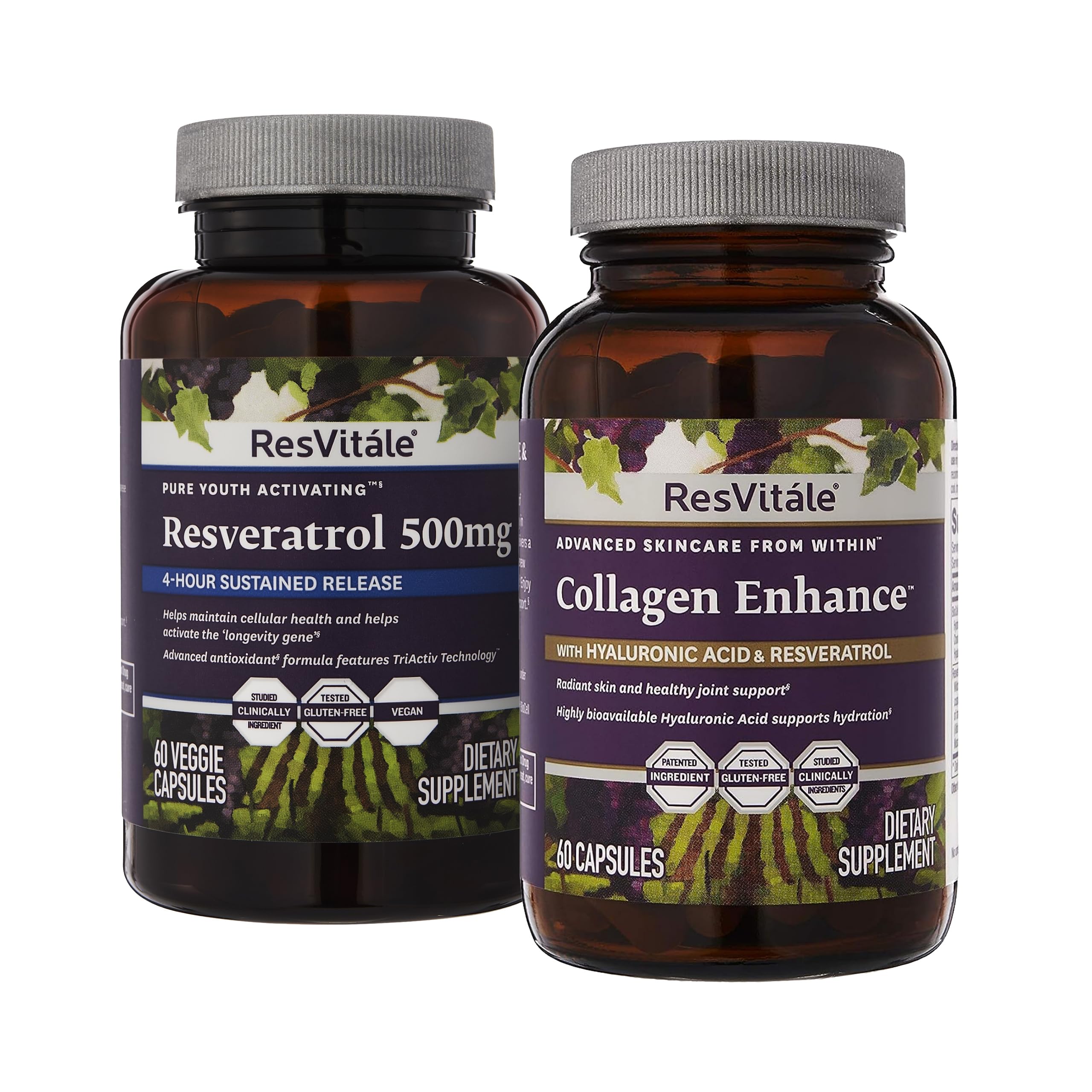 ResVitaleCollagen Enhance - Beauty Supplement with Hyaluronic Acid & Resveratrol - 60 Capsules & Resveratrol 500 mg - Supplement for Men & Women - 60 Veggie Capsules