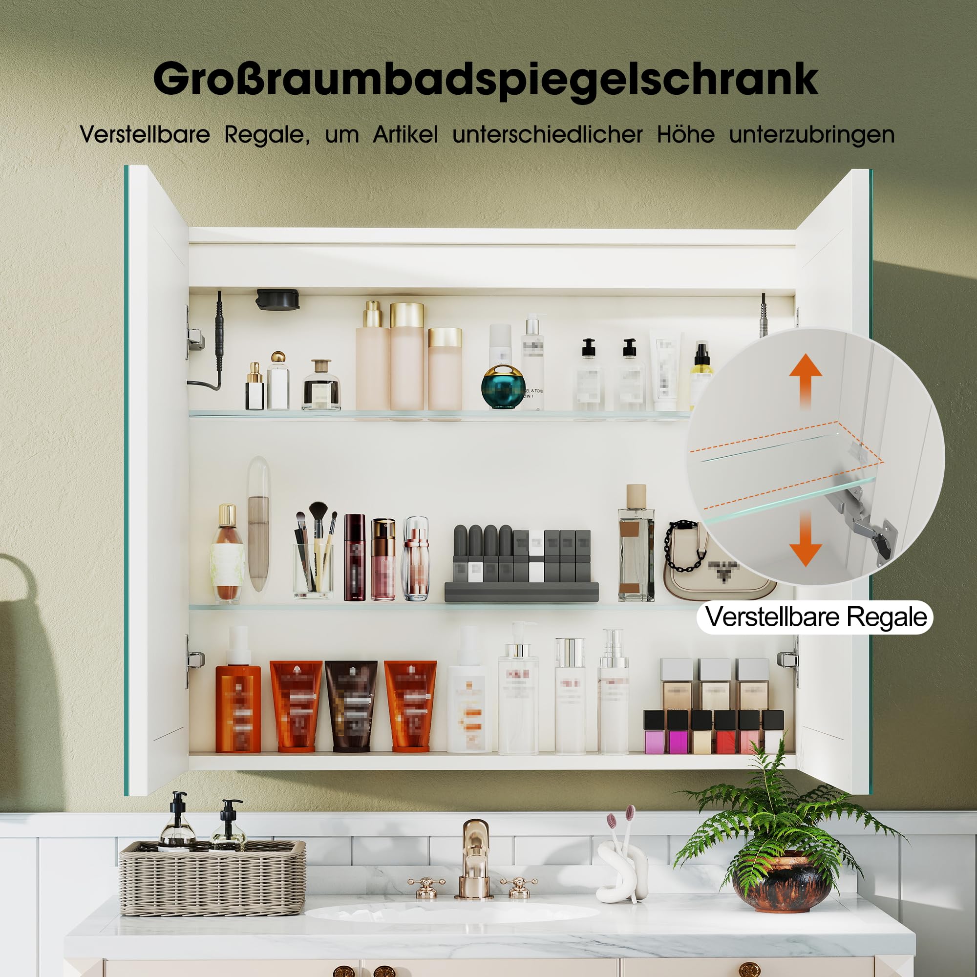 S'bagno Spiegelschrank Bad Mit Beleuchtung 60x80cm, Badezimmer Spiegelschrank, Aluminium Alibertschrank Bad, Entfoggen, 3 Farben, Dimmbar, Speicherfunktion, HD Gehärtetes Glas, IP44, Weiß